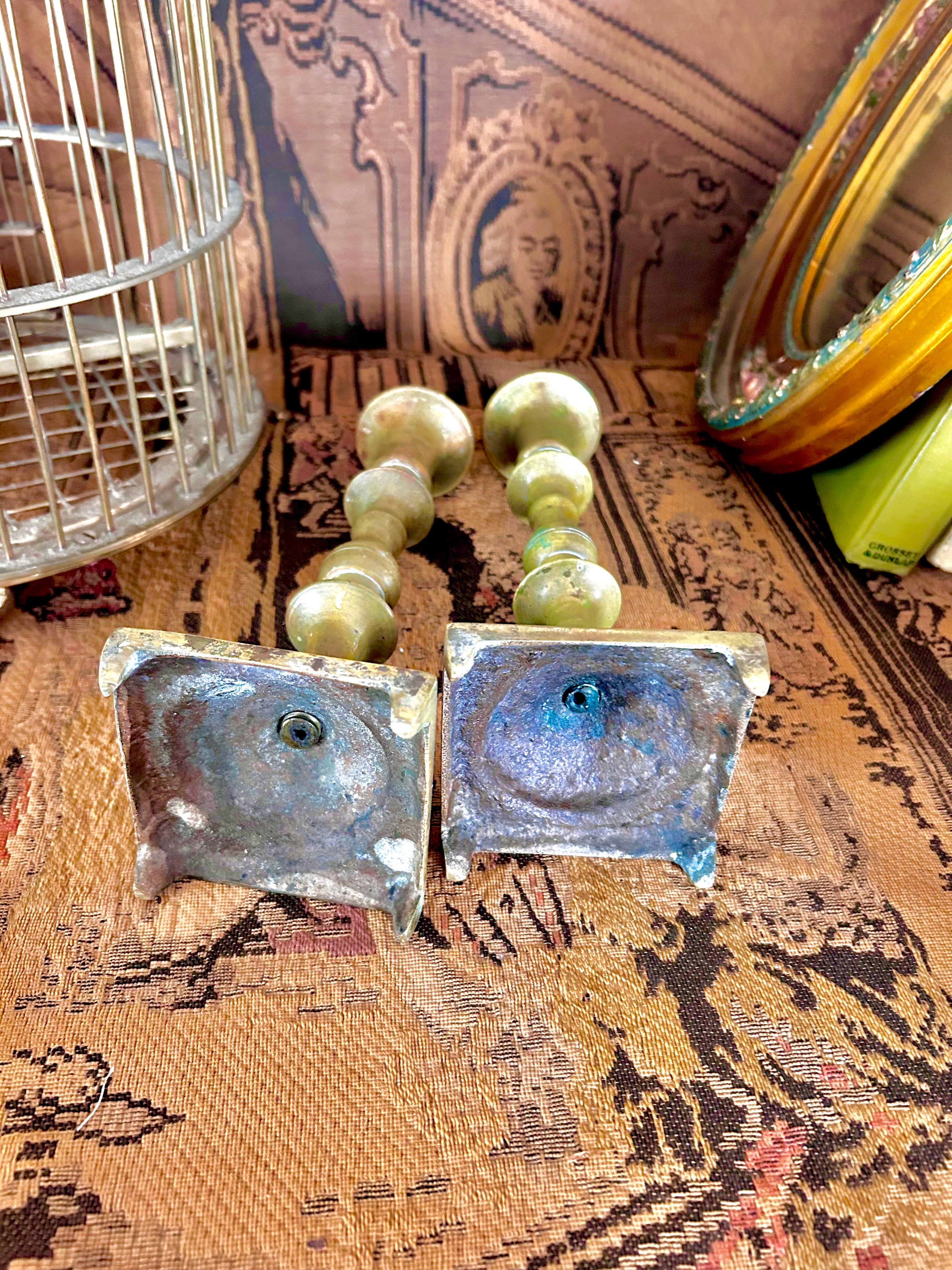 Vintage-Worn Brass Candlestick Holders