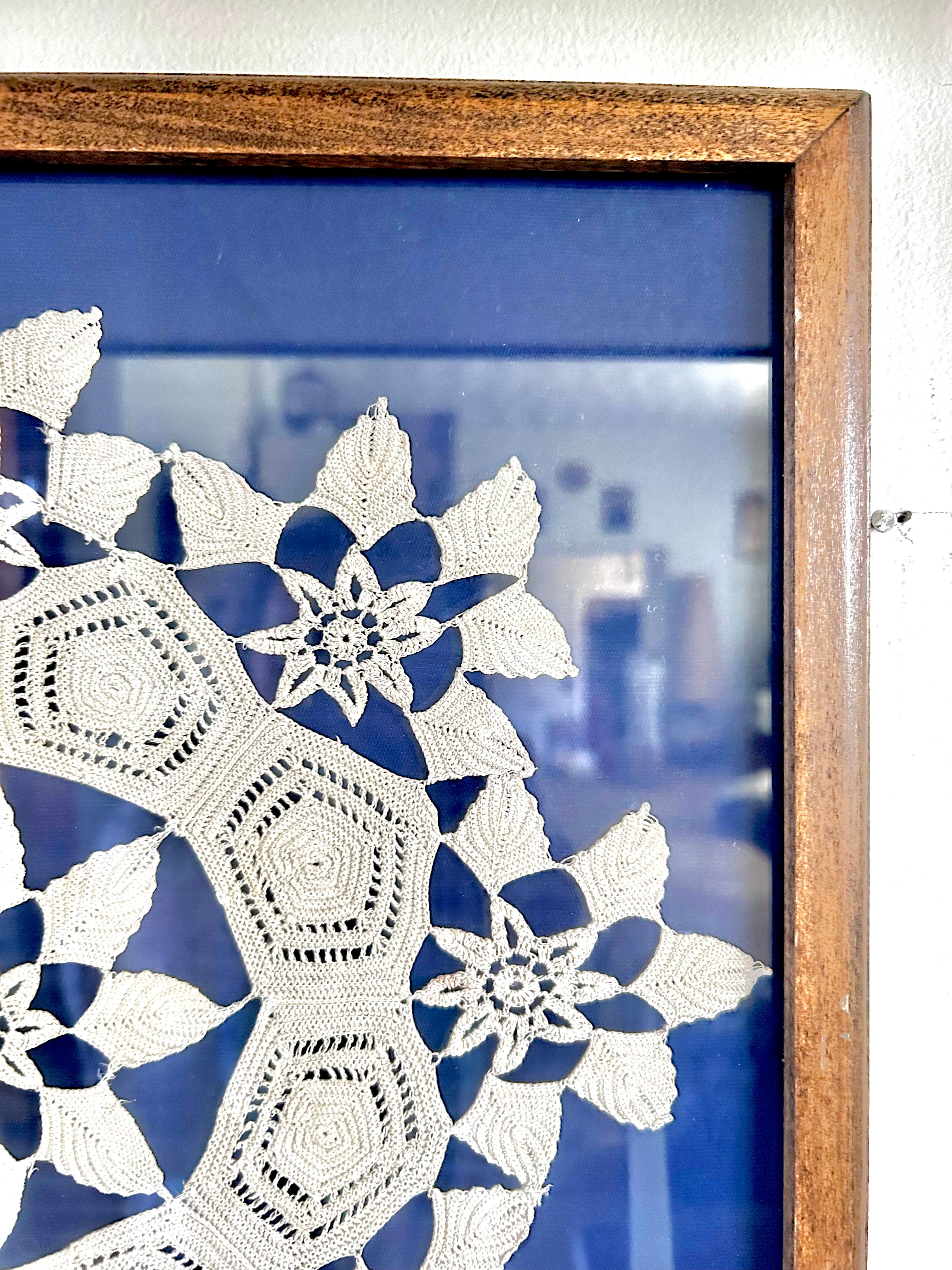 Vintage Framed Crochet and Blue Velvet Wall Decor