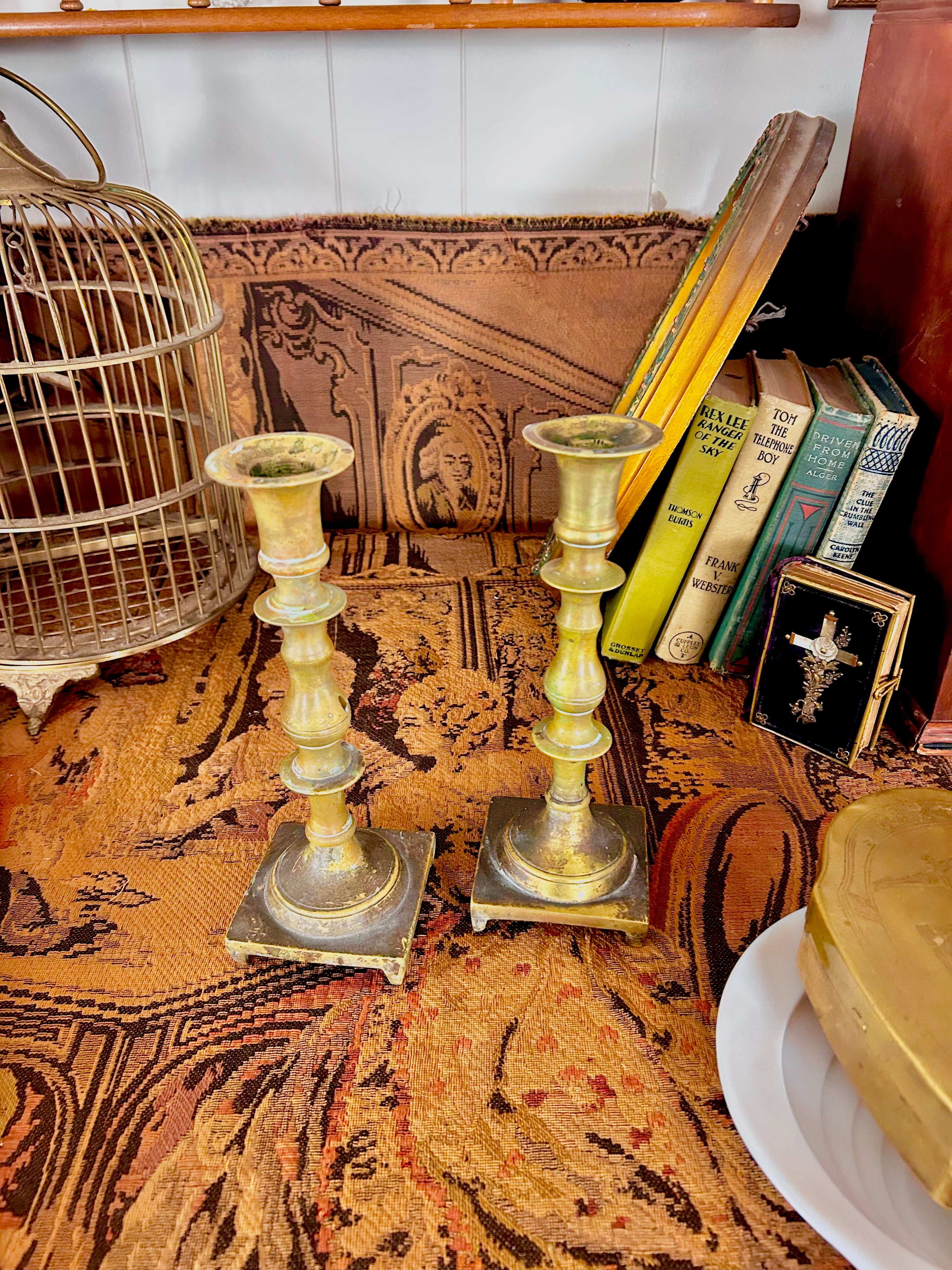 Vintage-Worn Brass Candlestick Holders