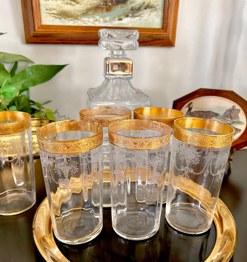 Midcentury Tiffin Ribbed Gilt Glass Tumblers set of 6
