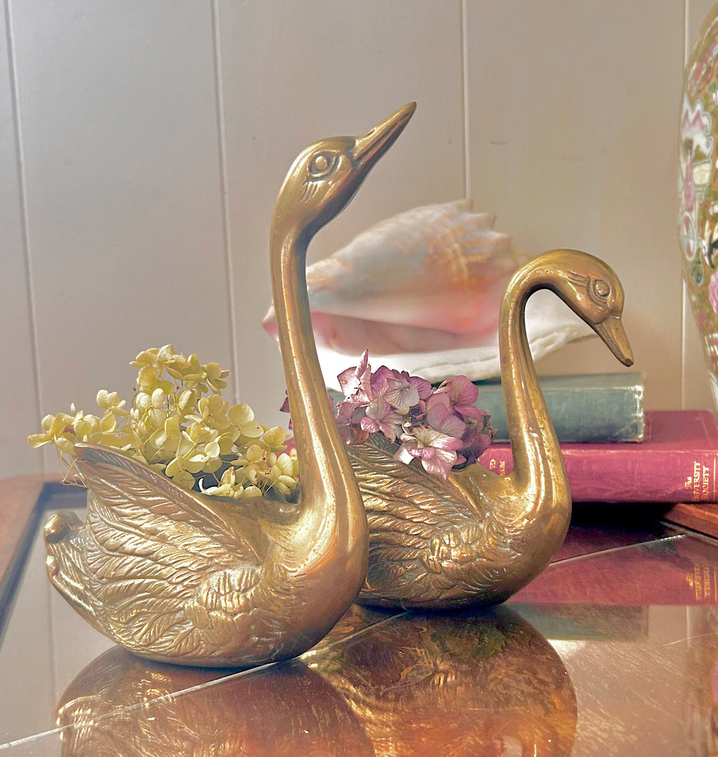 Pair of Vintage Brass Swan Planters