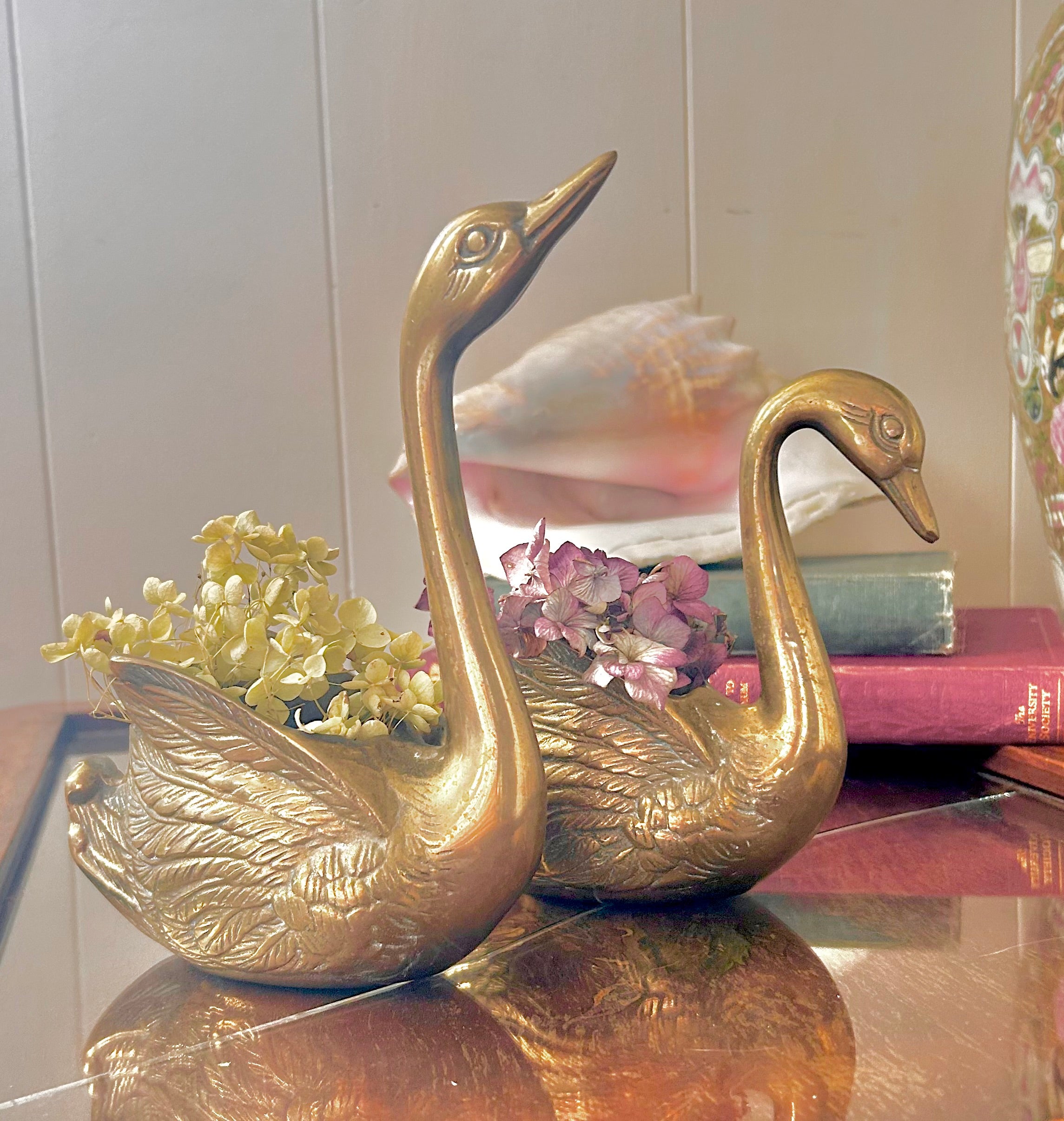 Pair of Vintage Brass Swan Planters