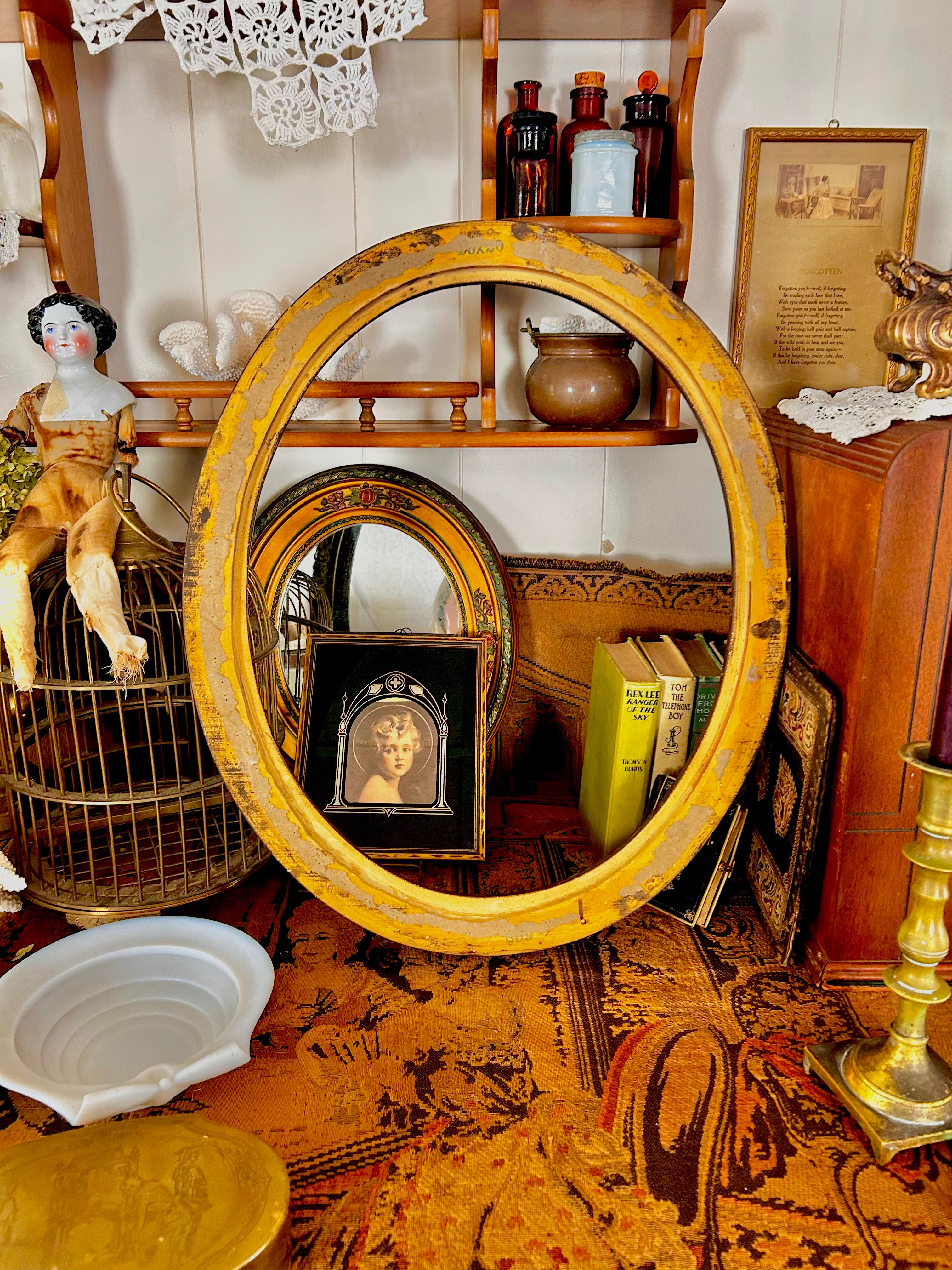 Antique Wooden Oval Frame with Carved Floral Garland