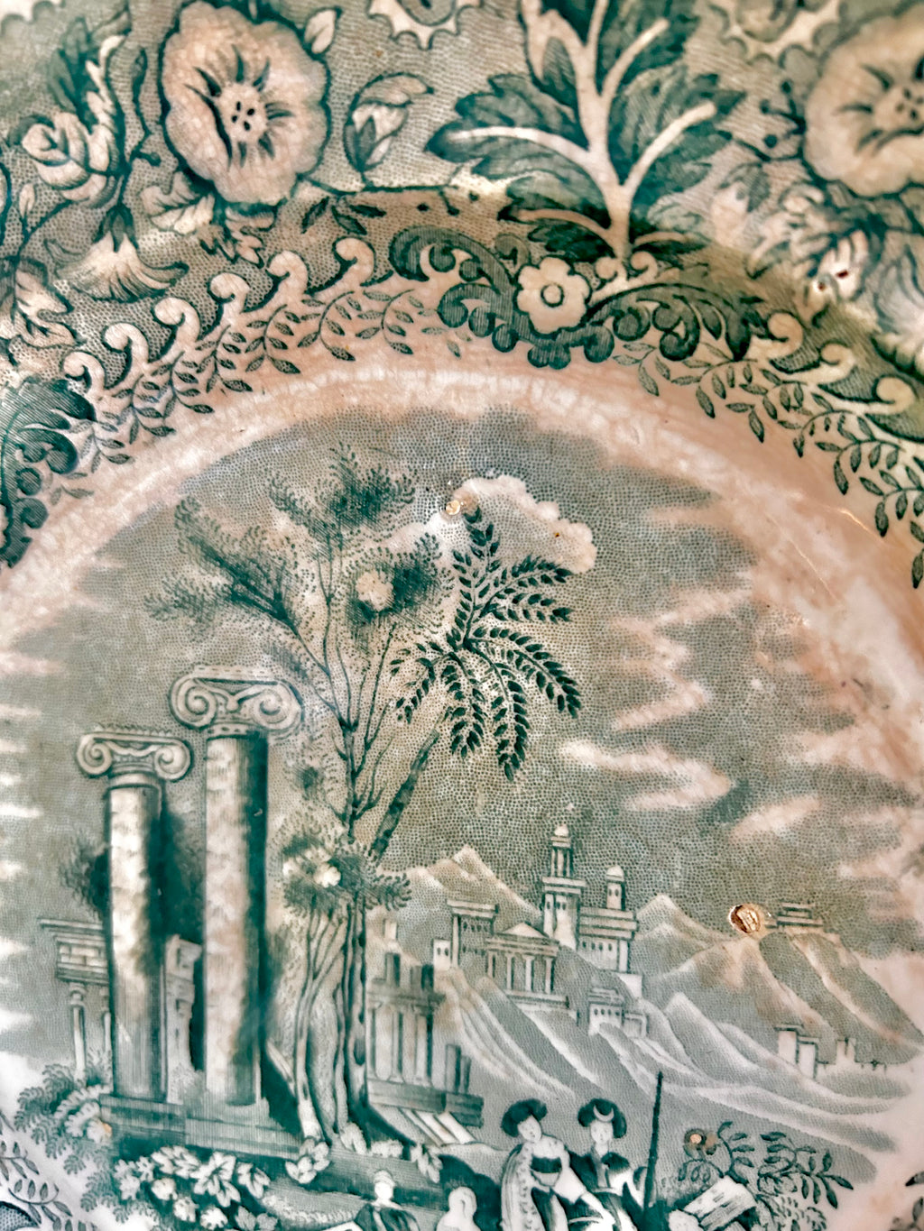 Antique Stained Worn Ironstone Transferware Dishes
