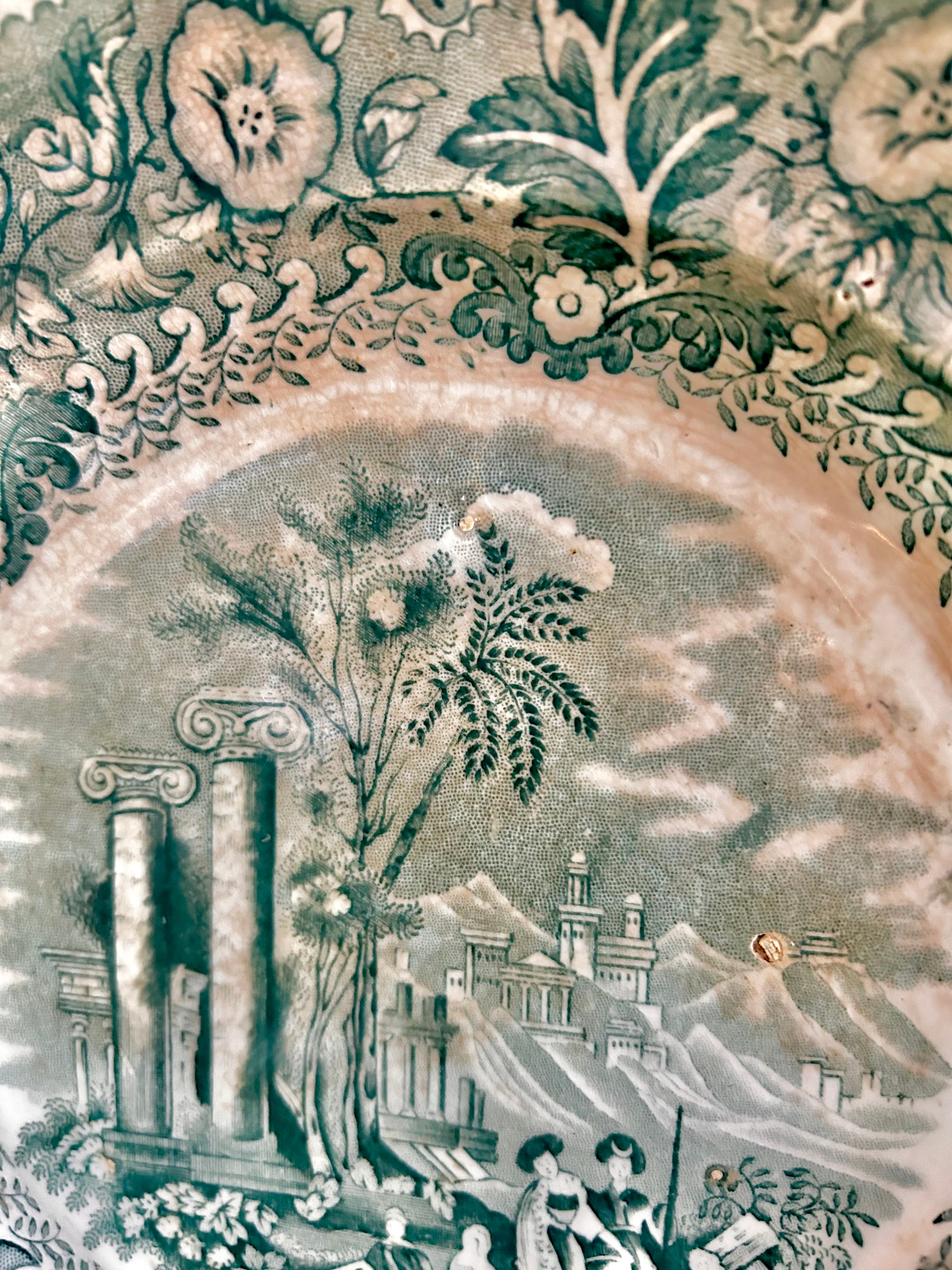 Antique Stained Worn Ironstone Transferware Dishes