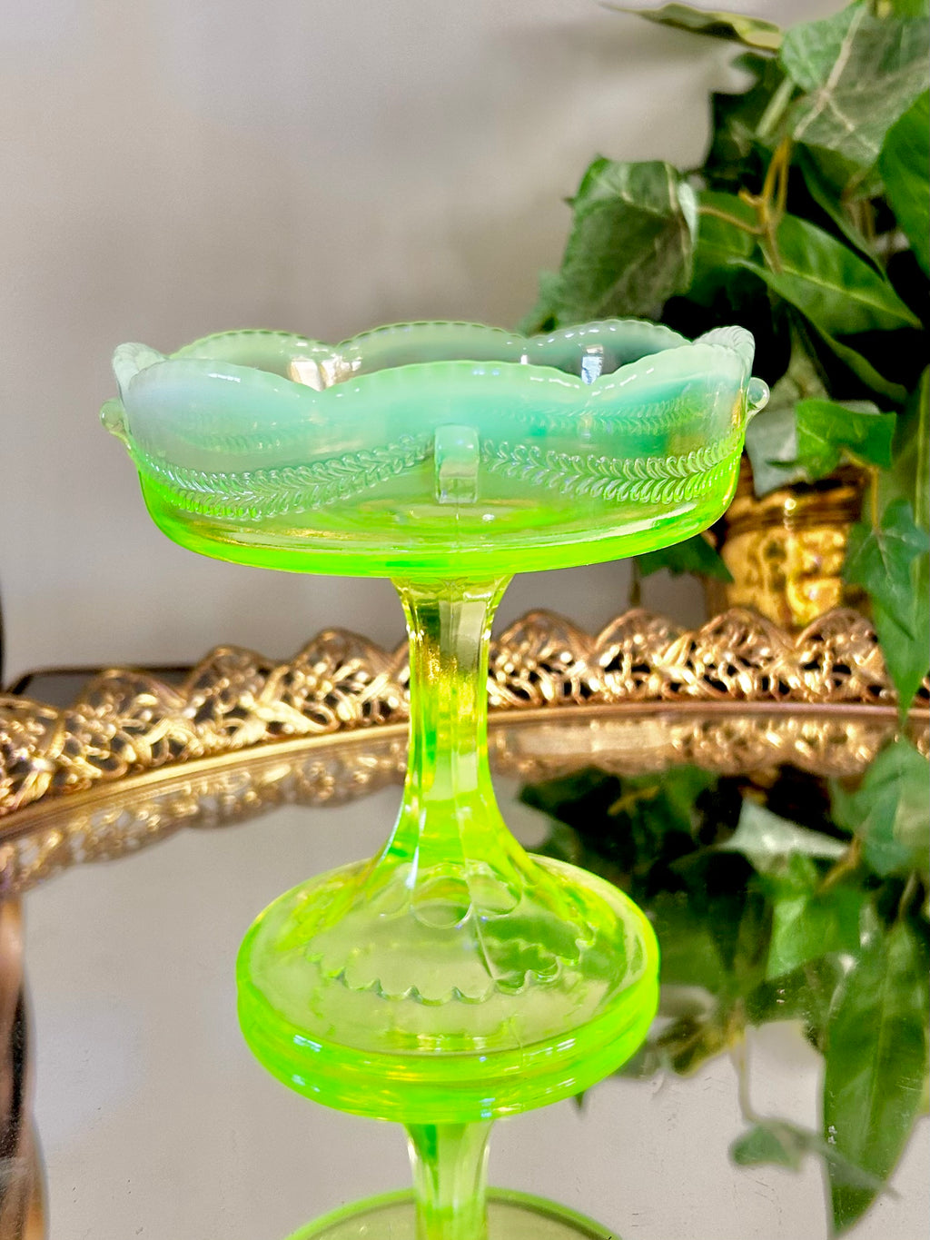 Antique Jefferson Glass Vaseline Opalescent Compote