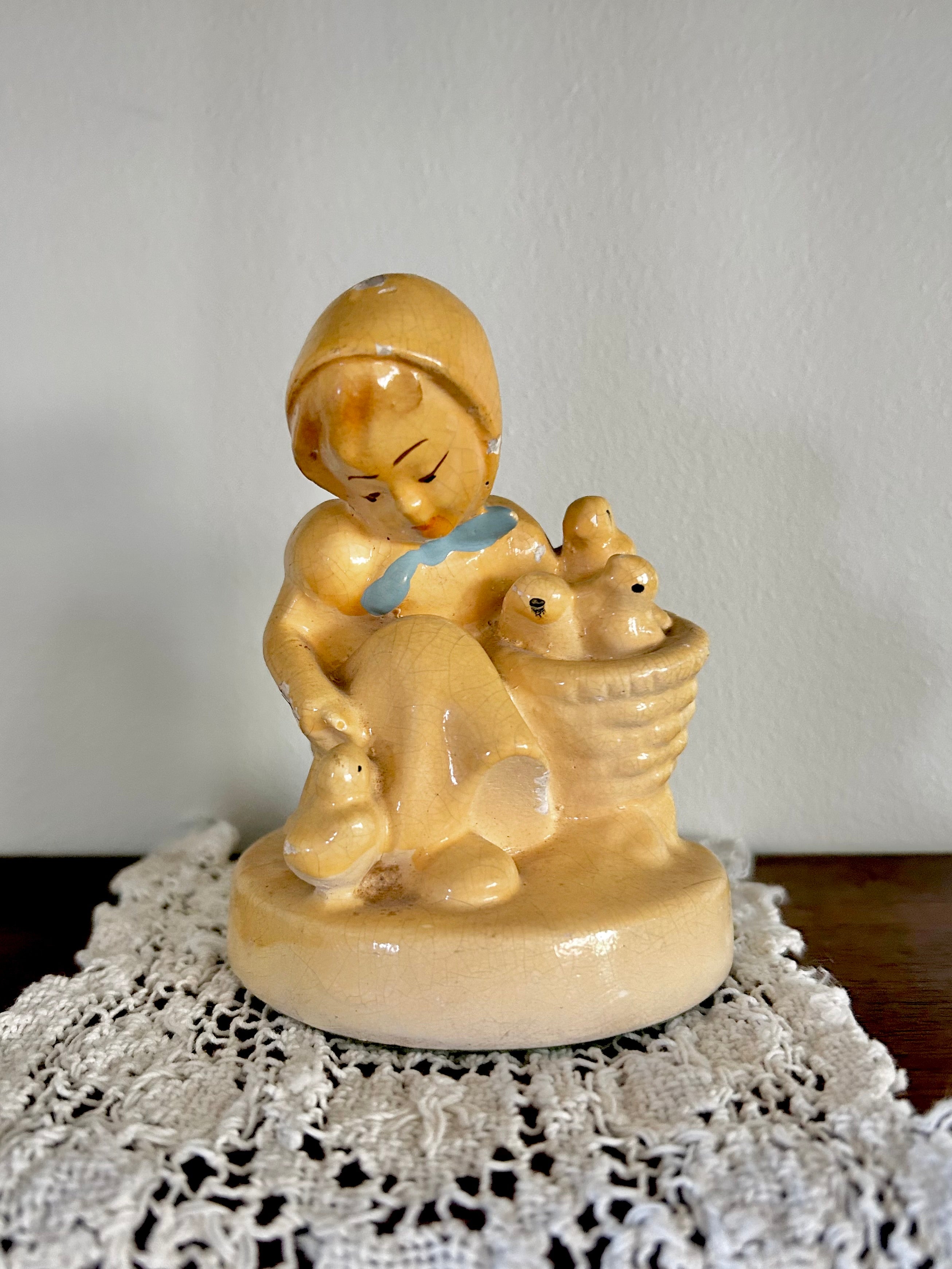 Vintage Chalkware Statuette Girl and Chicks