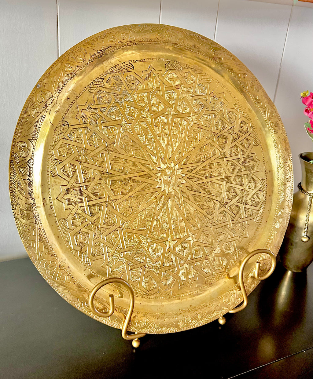 Vintage Solid Brass Round Tray with Moroccan Motif