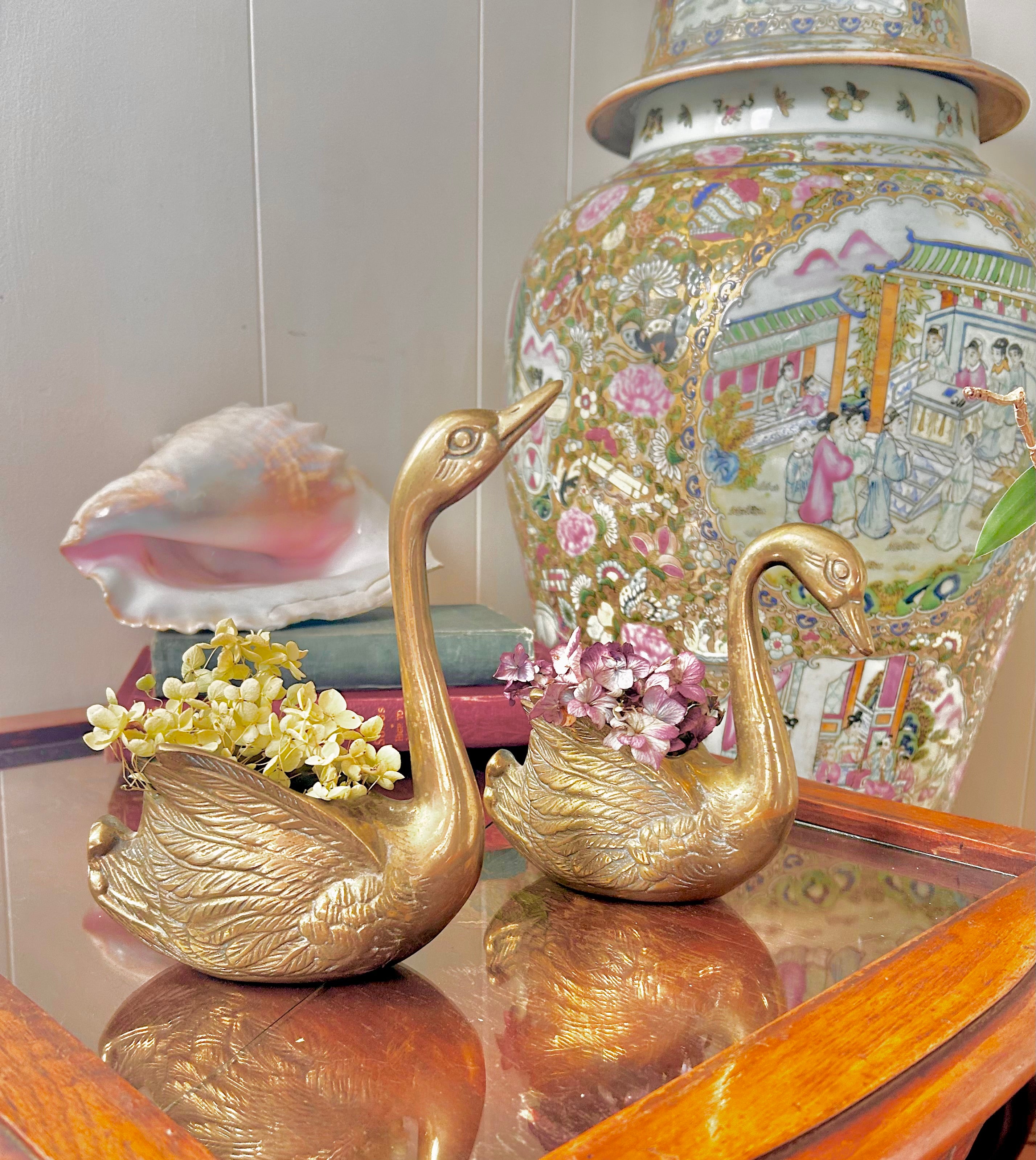 Pair of Vintage Brass Swan Planters