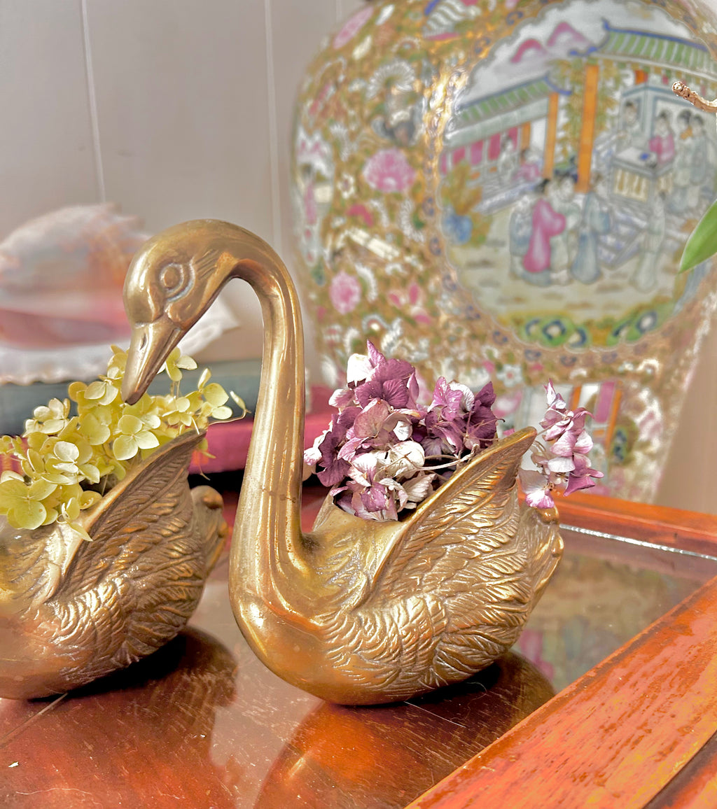 Pair of Vintage Brass Swan Planters