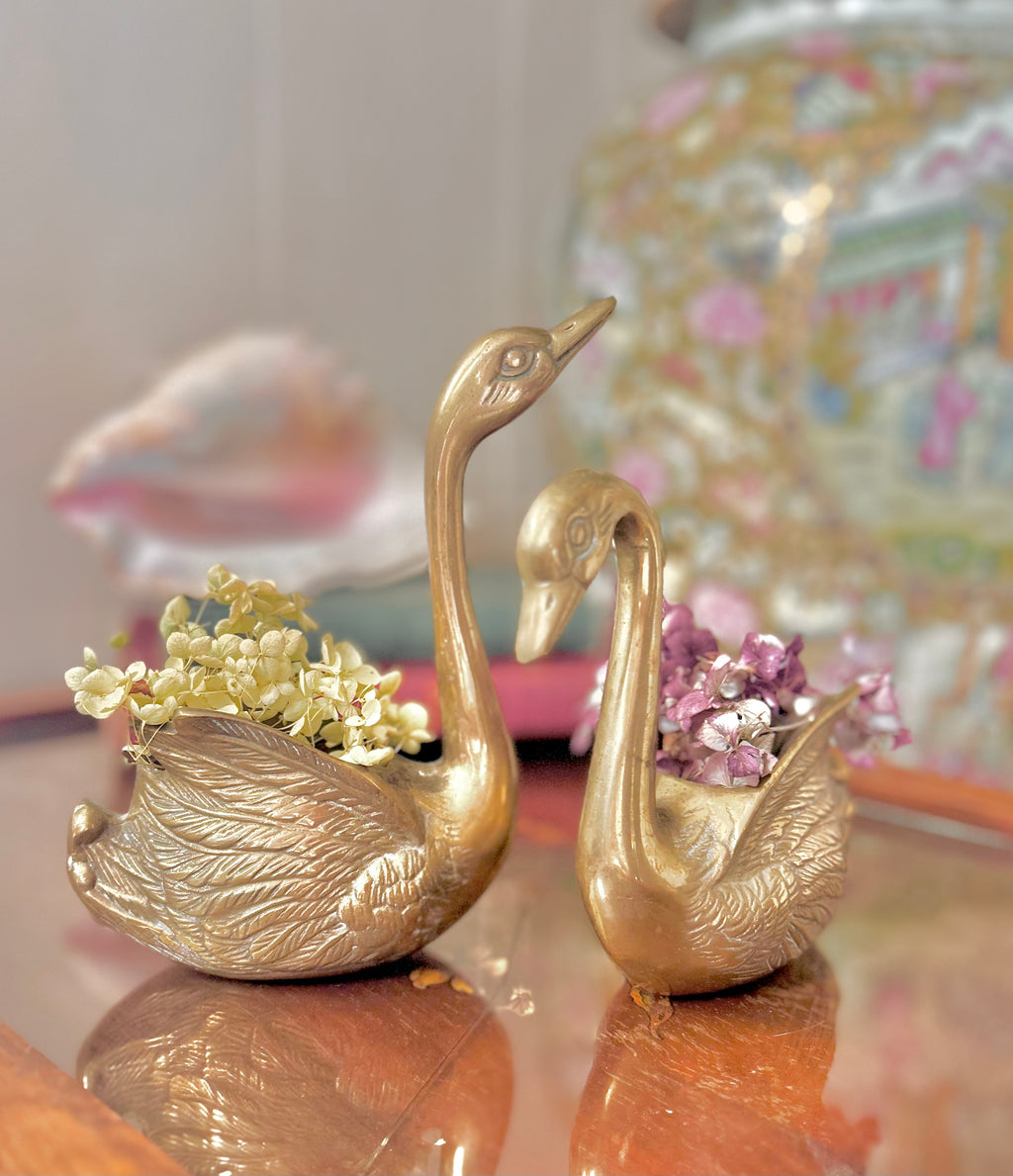 Pair of Vintage Brass Swan Planters