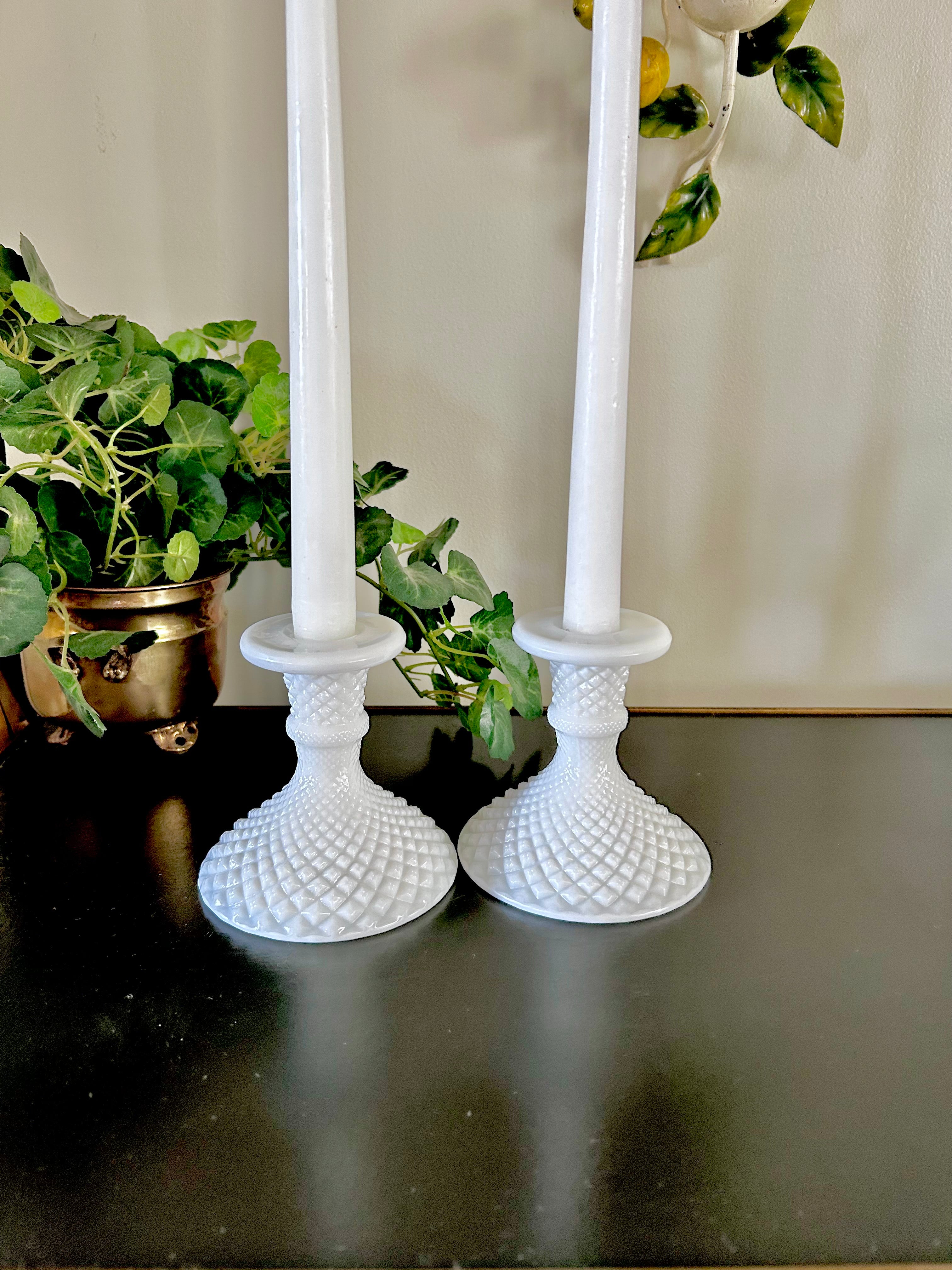 Milk Glass Candle Holders Diamond Hobnail