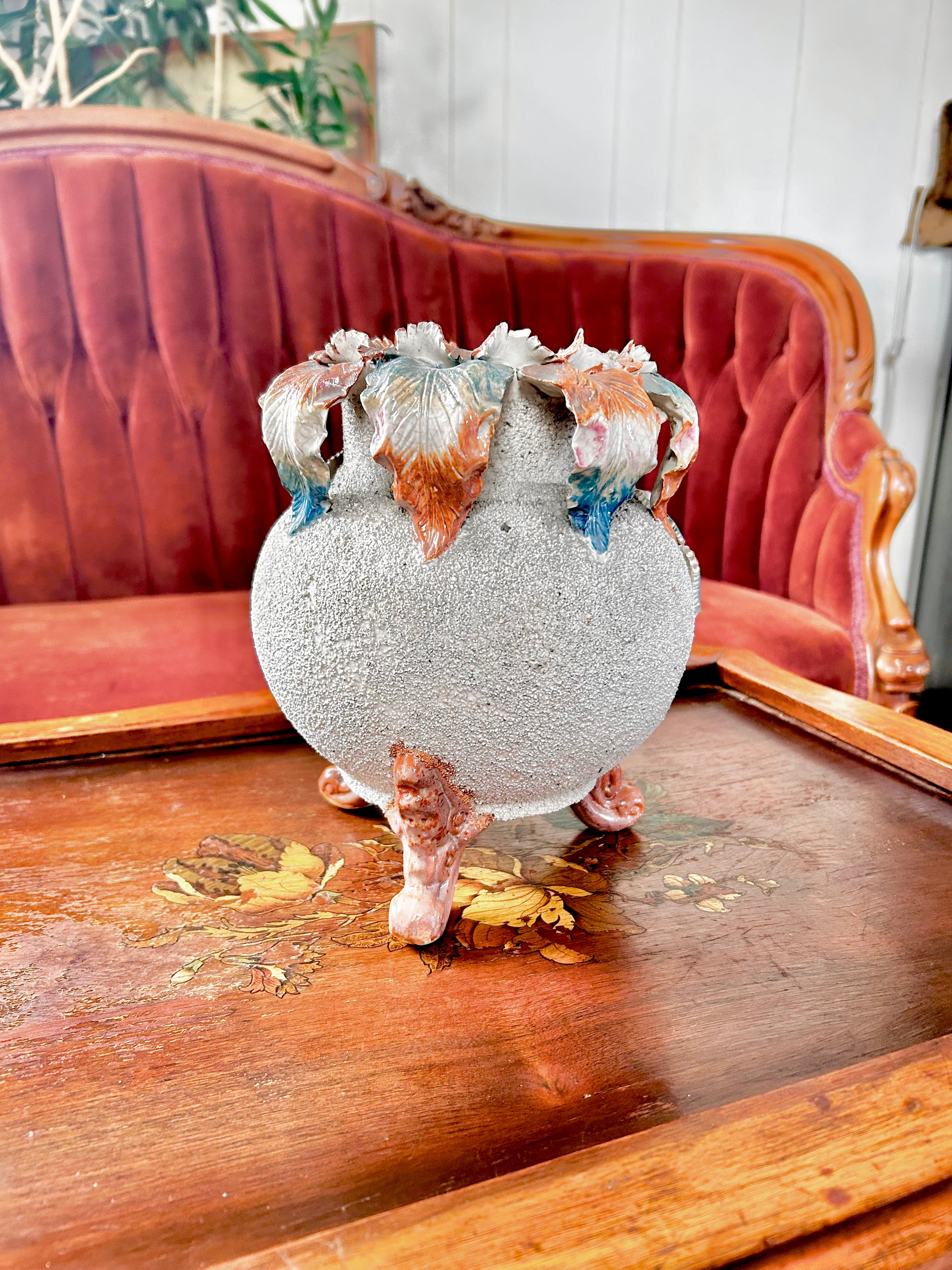 Antique English Barbotine Majolica Footed Vase