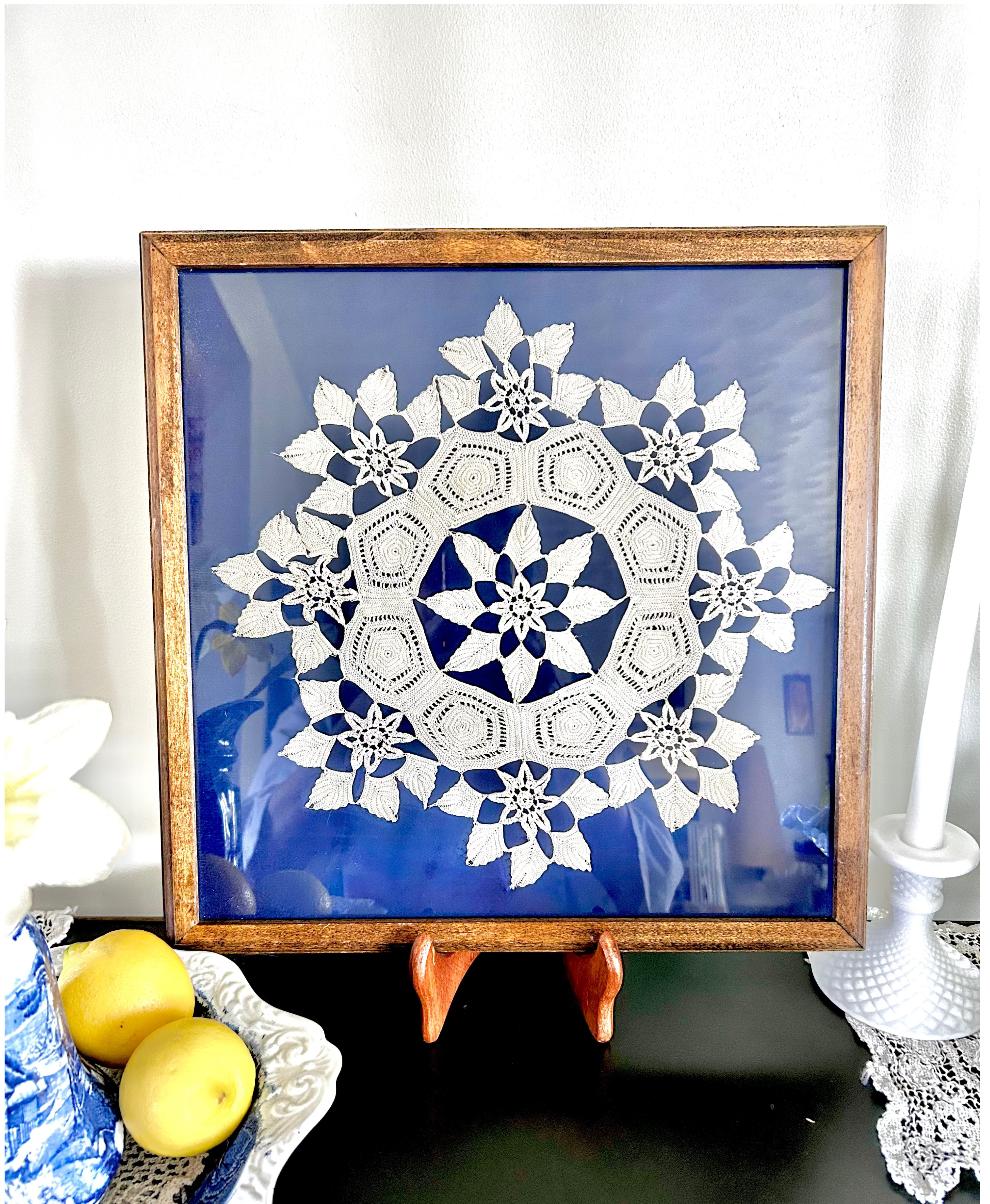 Vintage Framed Crochet and Blue Velvet Wall Decor