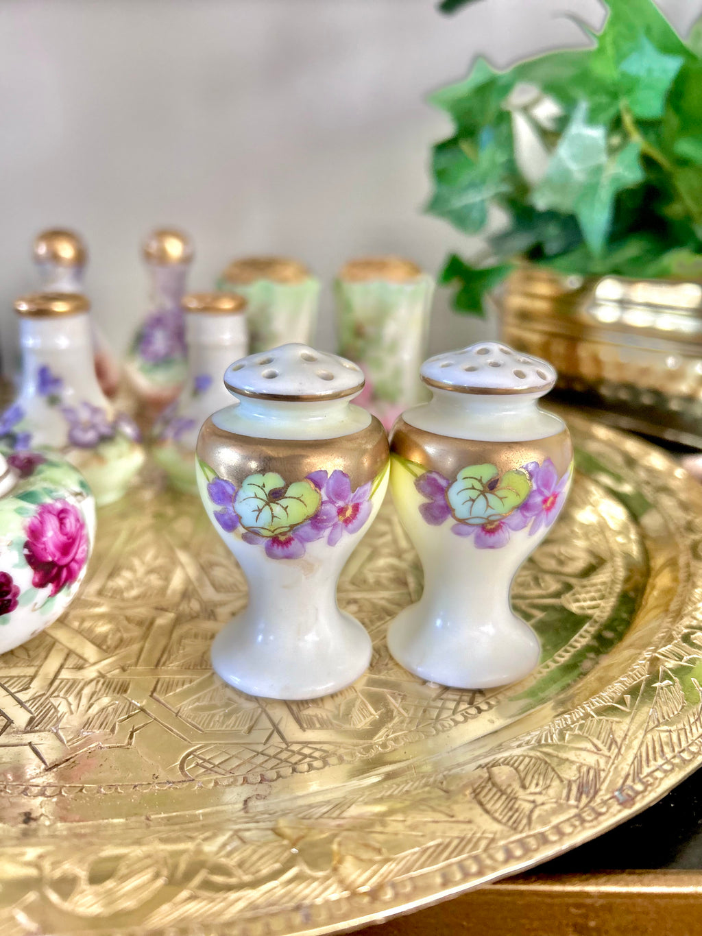 Antique Porcelain Hand-Painted Floral Salt Pepper Shakers - Choose from various pairs