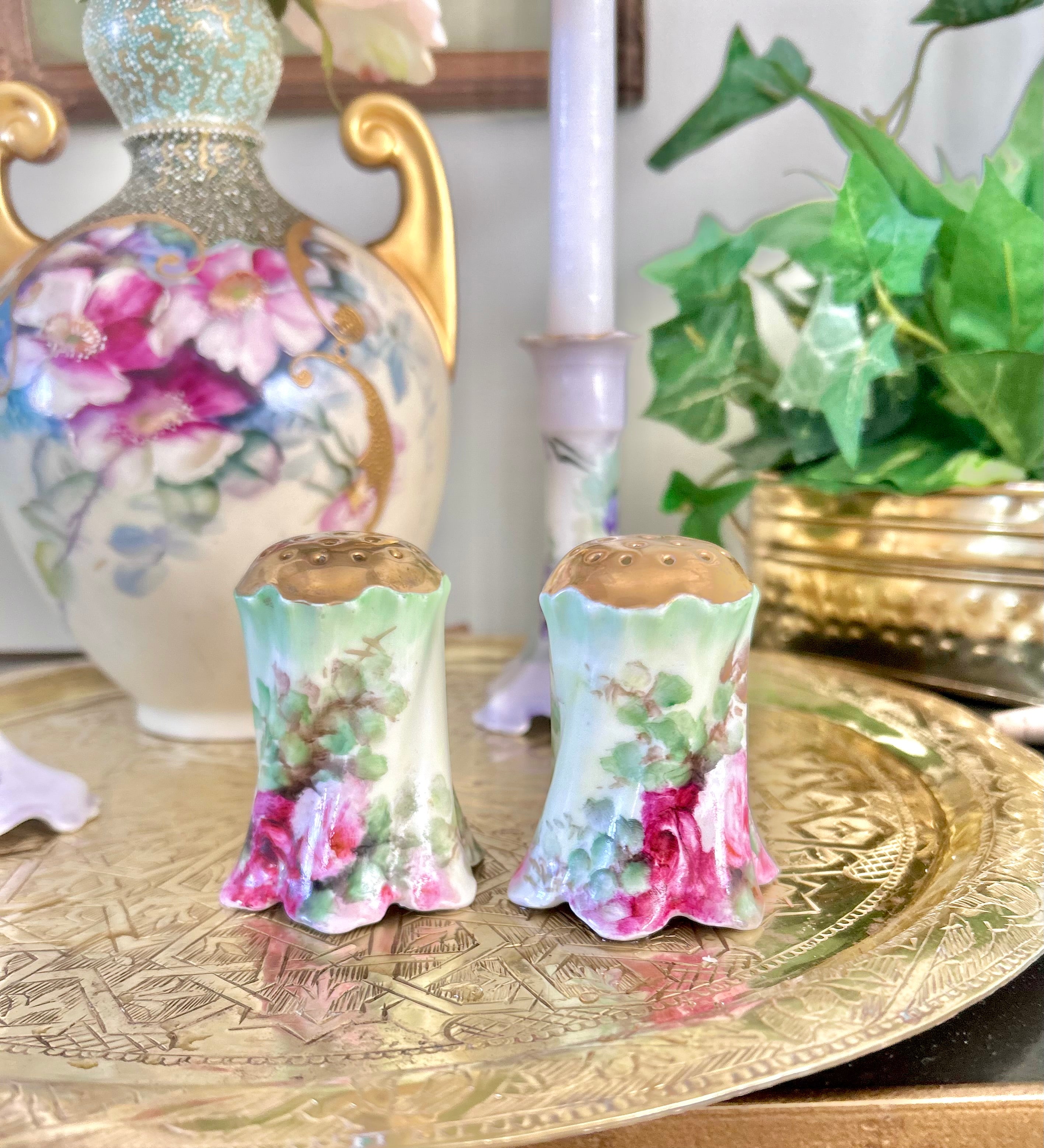 Antique Porcelain Hand-Painted Floral Salt Pepper Shakers - Choose from various pairs