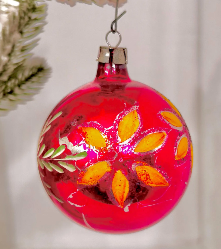 Vintage Hand-Painted Glass Christmas Ornament: European Xmas Tree Bulb