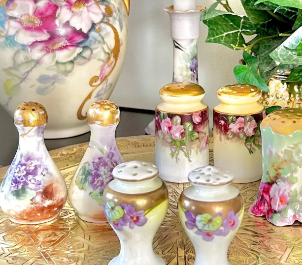 Antique Porcelain Hand-Painted Floral Salt Pepper Shakers - Choose from various pairs