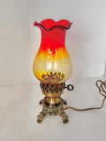 Vintage Amberina Crackle Glass Electric Hurricane Lamp: Brass Base, Ruffled Shade