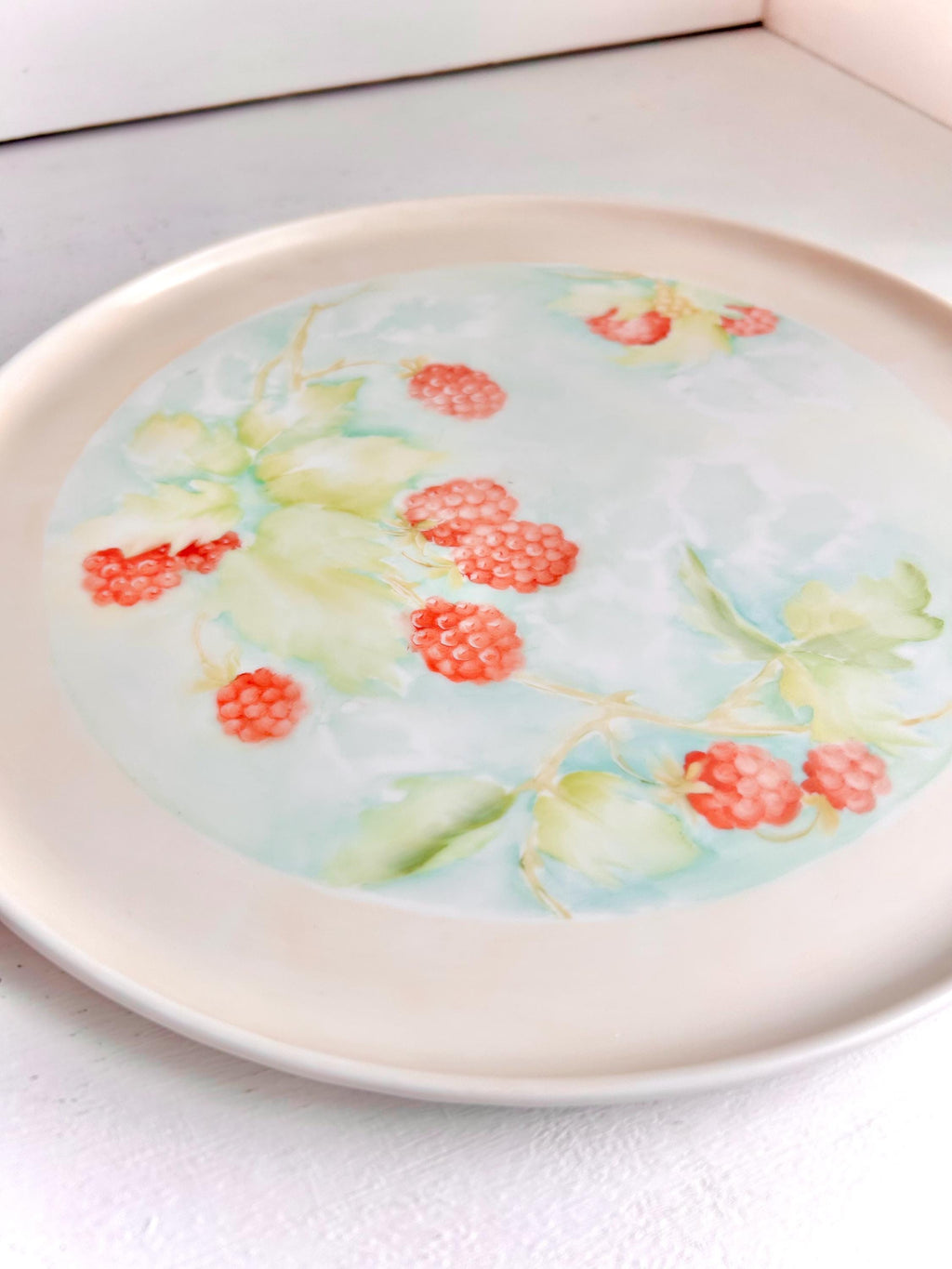 Vintage Hand-Painted Ceramic Cake Plate: Raspberry Branch Design, 11"