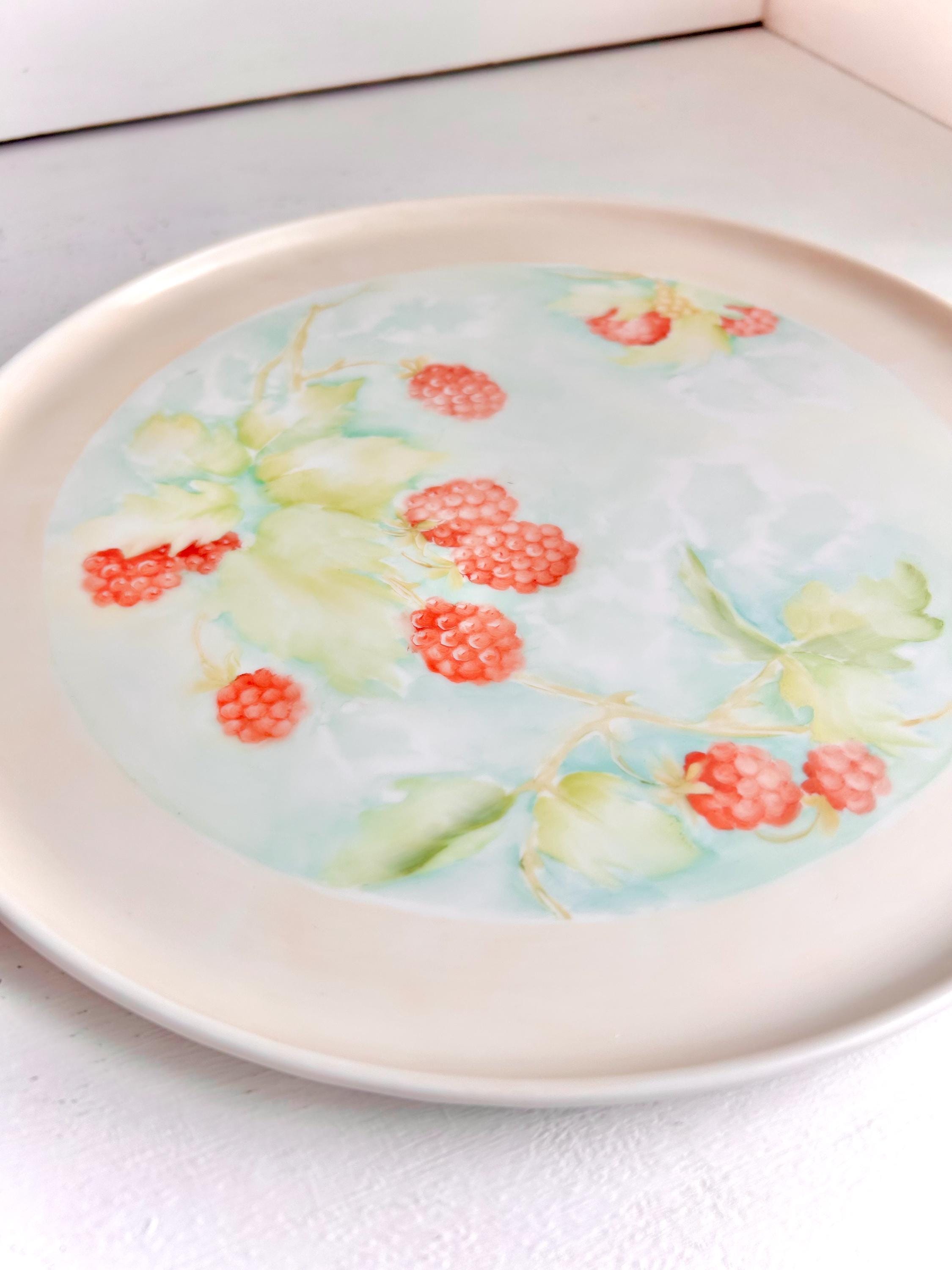 Vintage Hand-Painted Ceramic Cake Plate: Raspberry Branch Design, 11"