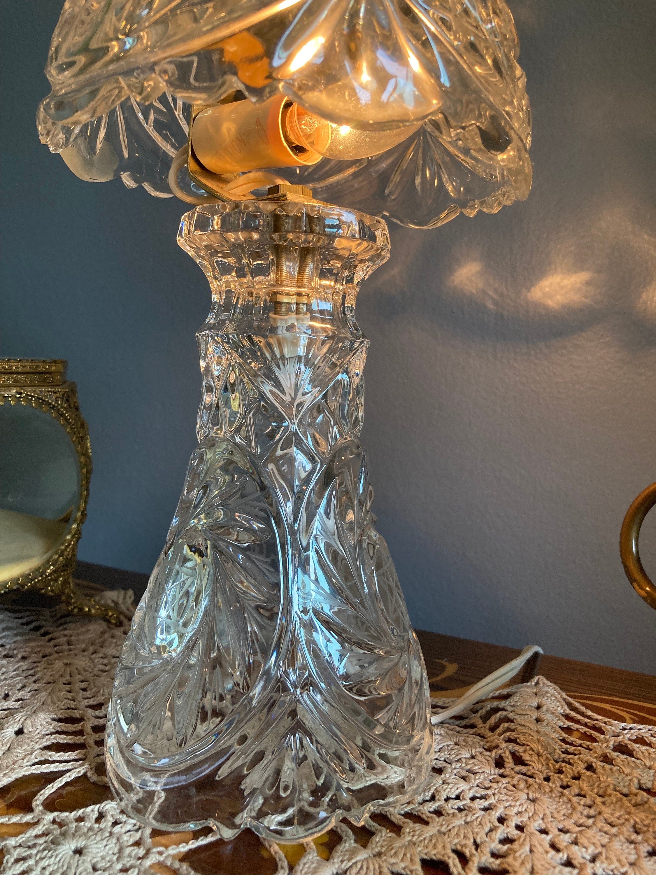 Small Glass Boudoir Parlor Lamp with Brass Finishings - Cut Geometric and Star Pattern