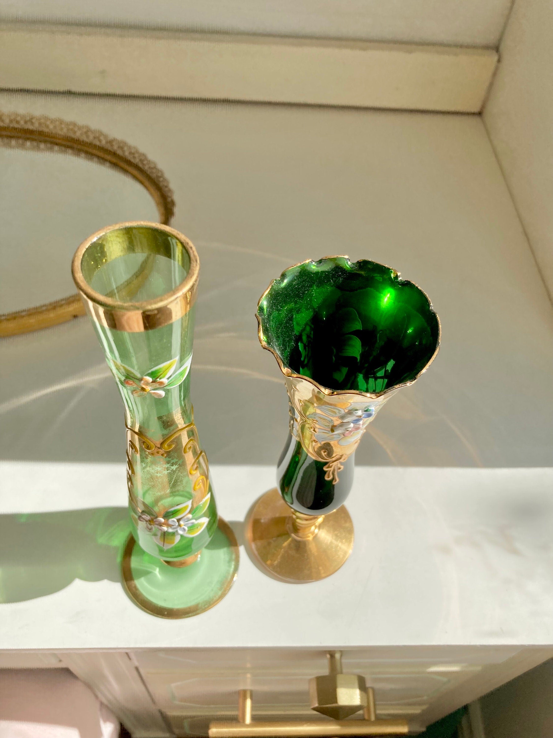 Vintage Green Glass Hand Painted Gilt Bohemian Bud Vases: choose from Two