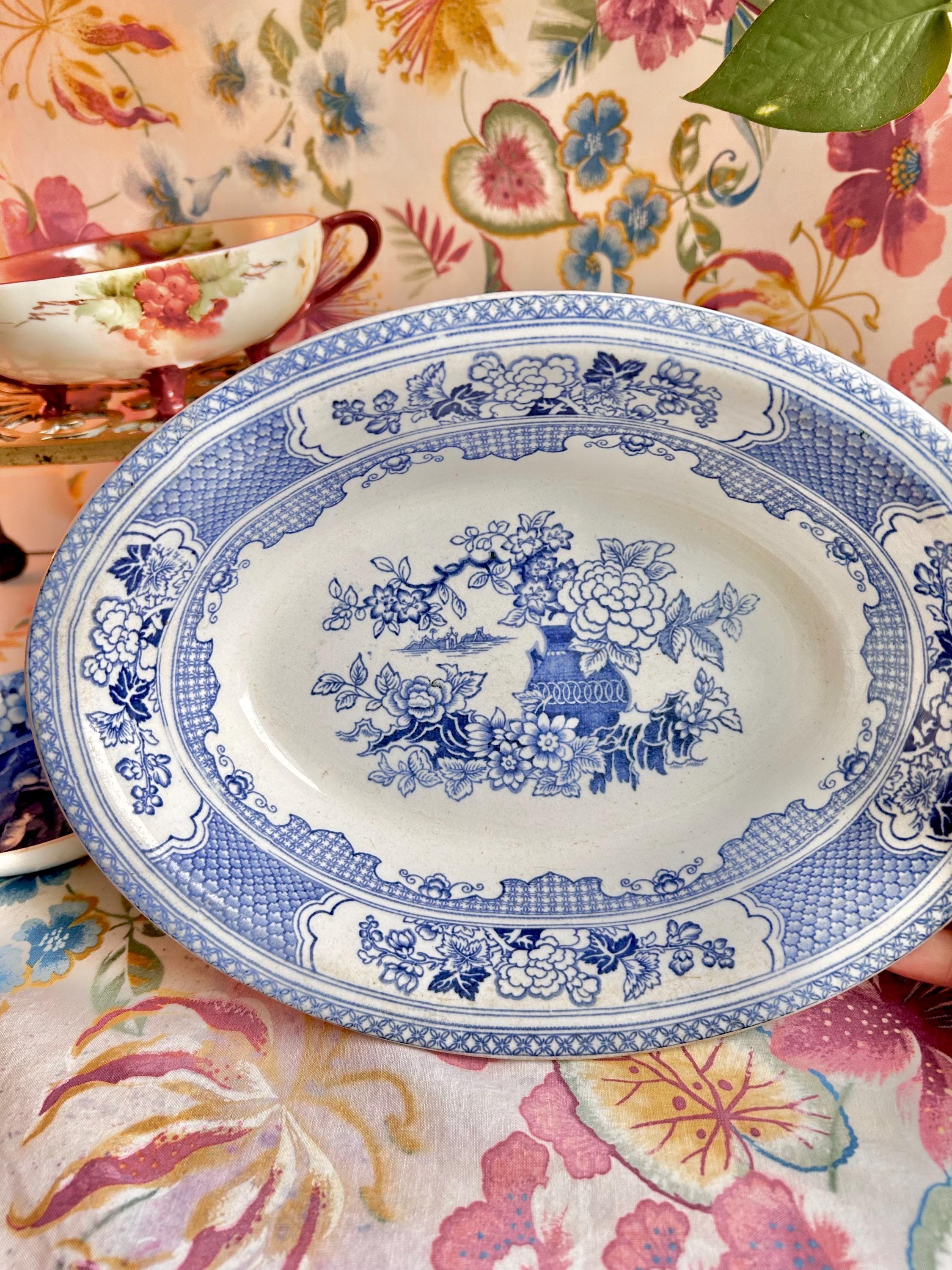 Antique Chinoiserie Serving Bowl: Blue and White Floral Transferware, Soho Pottery