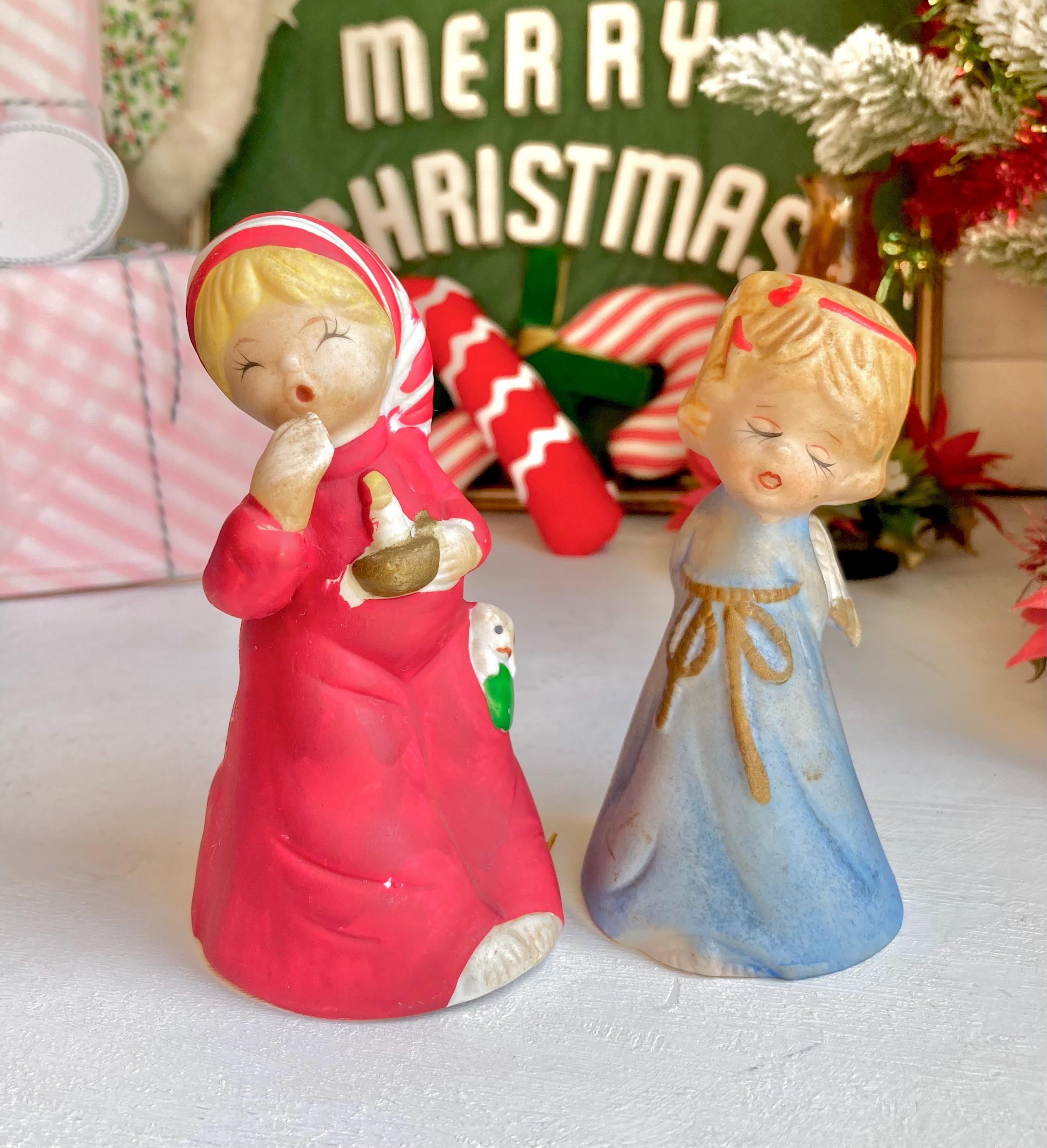 Vintage JASCO Bisque Bell Figurines: Sleepy Girl & Bashful Angel, 1978 Taiwan