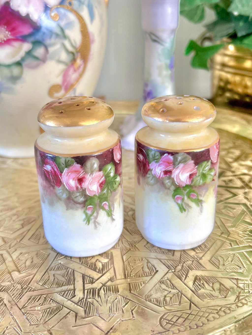 Antique Porcelain Hand-Painted Floral Salt Pepper Shakers - Choose from various pairs