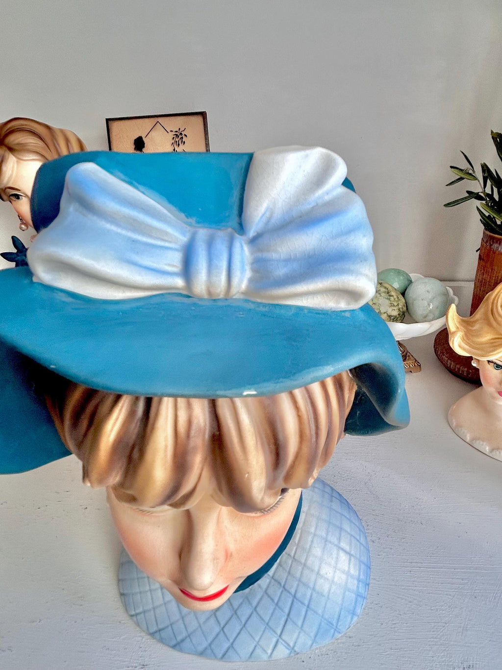 Vintage Napcoware LARGE Head Vase: 1960s Lady with Teal Blue Hat, Pearls