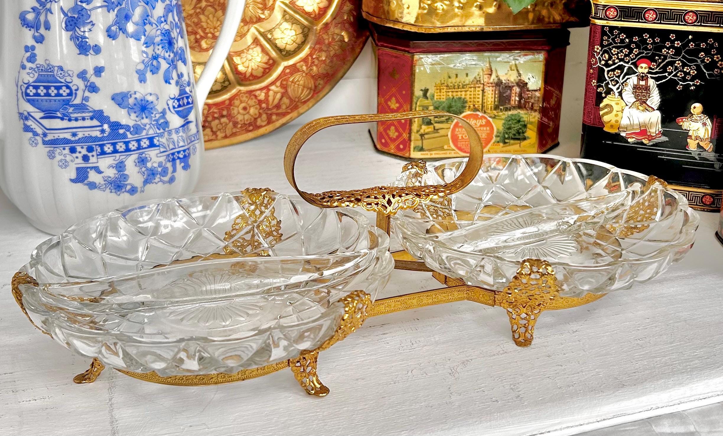 Vintage Gilt Metal & Glass Serving Caddy: Ormolu Double Dish with Handle