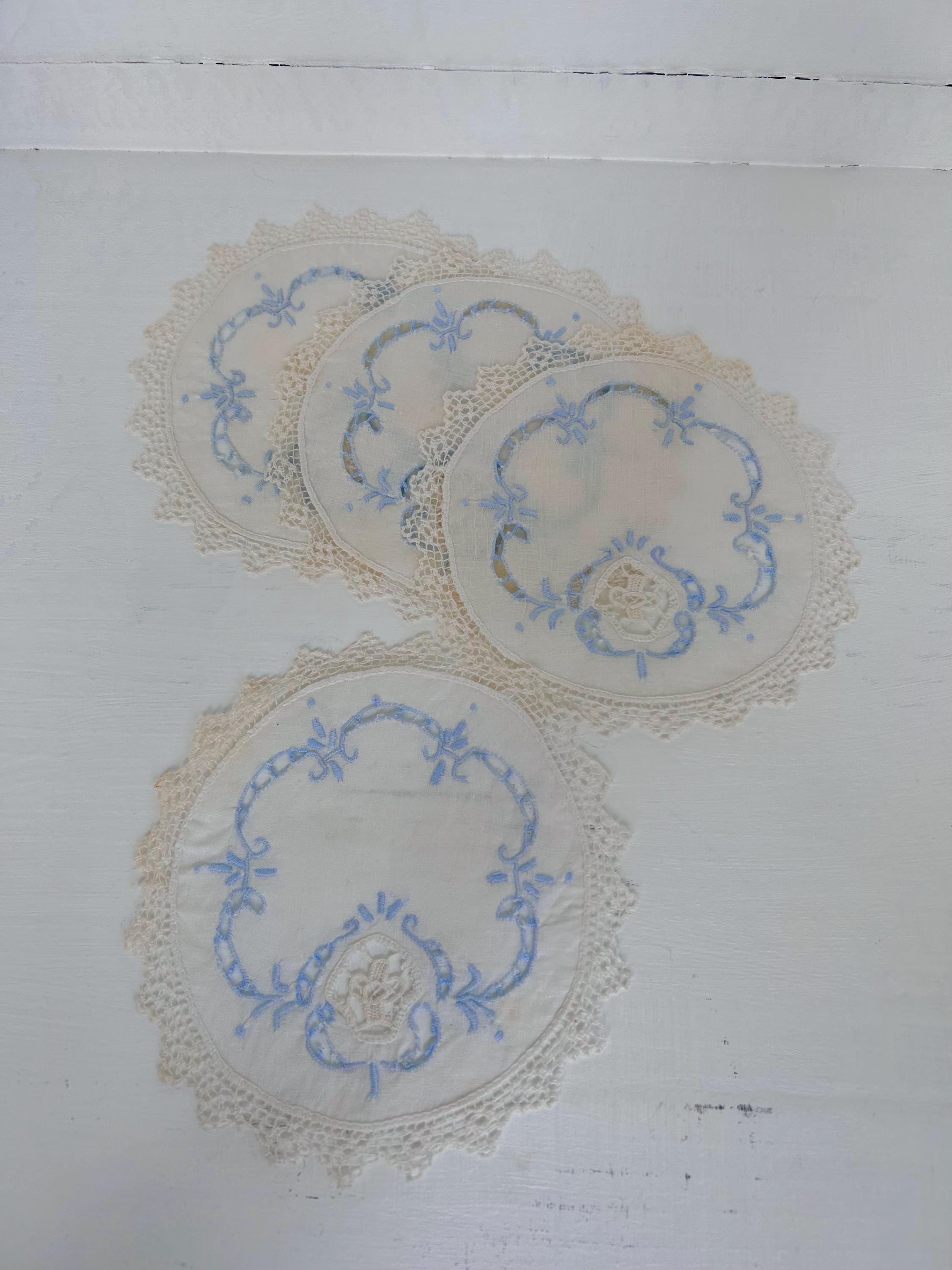 Vintage Linen Coasters Set: Perforated Floral Lace, Pale Blue Detail