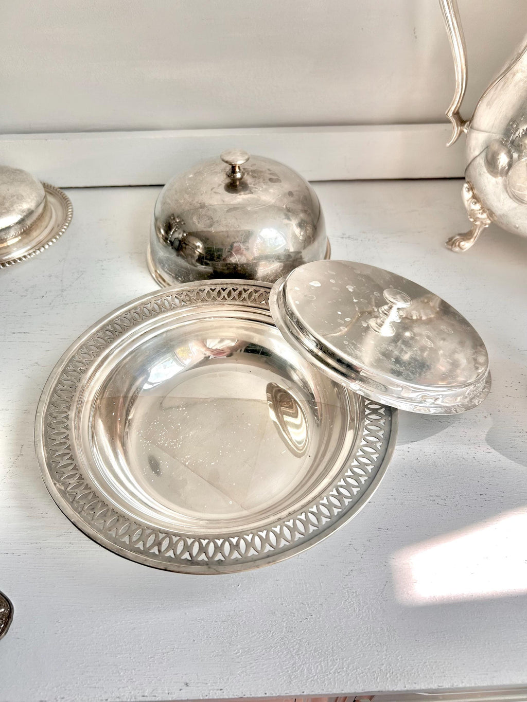 Vintage WMA Rogers Silver Plated Covered Dish: 3-Piece Condiment Server