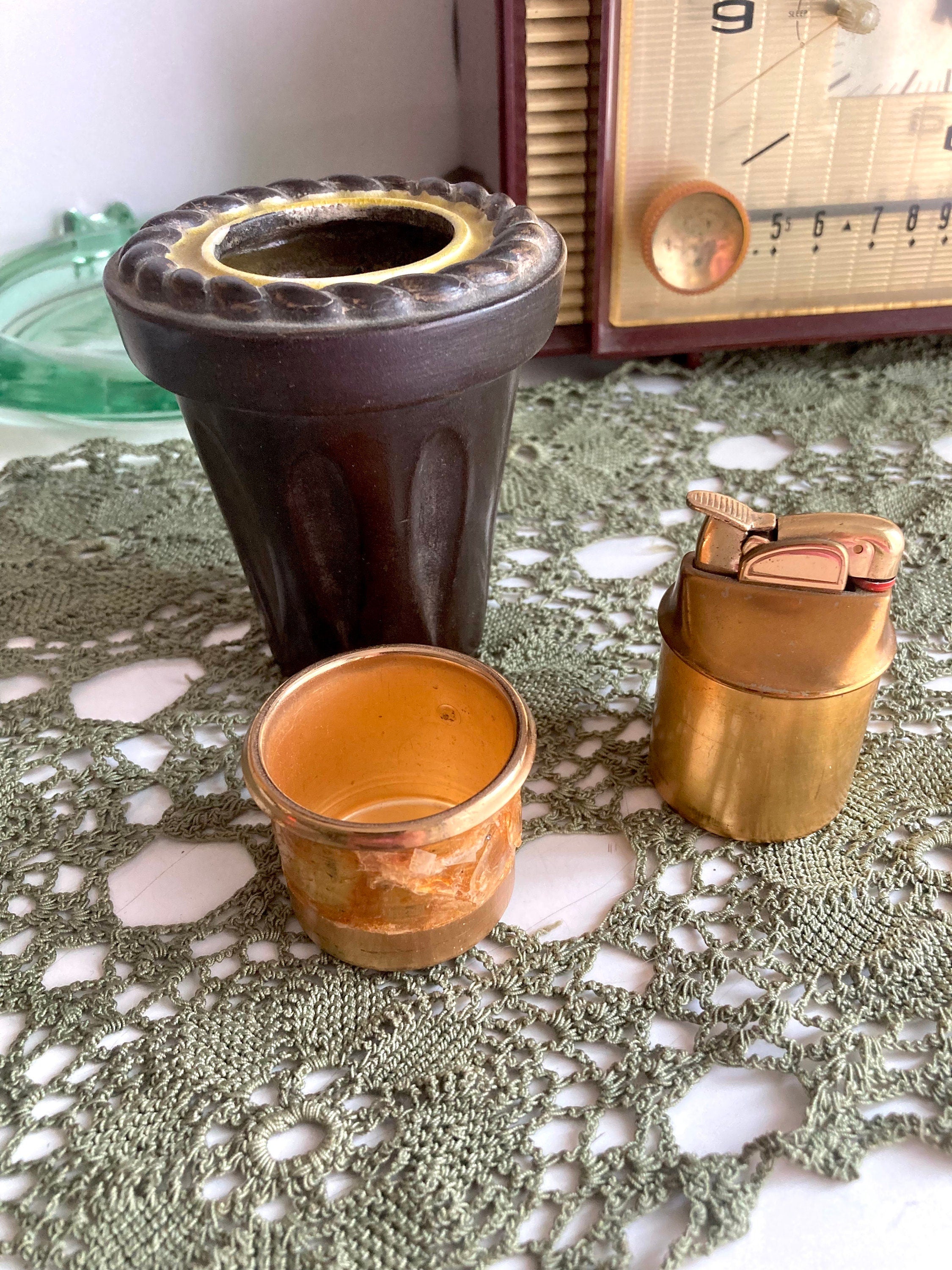Vintage MCM Evans Table Lighter: Brown Ceramic & Brass Rope Pattern