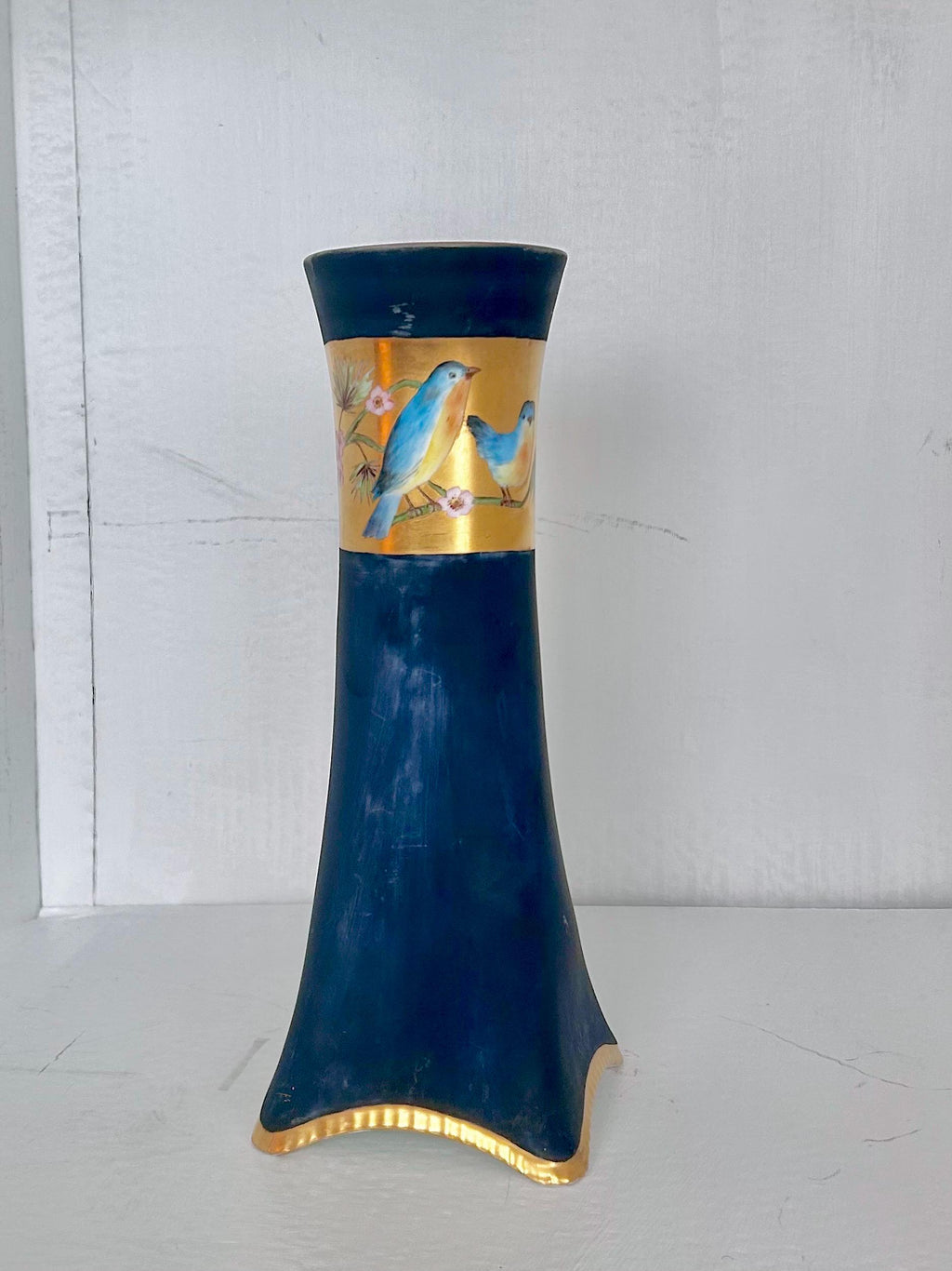 Heinrich & Co Selb Antique Vase with Bluebirds, Large Dark Blue