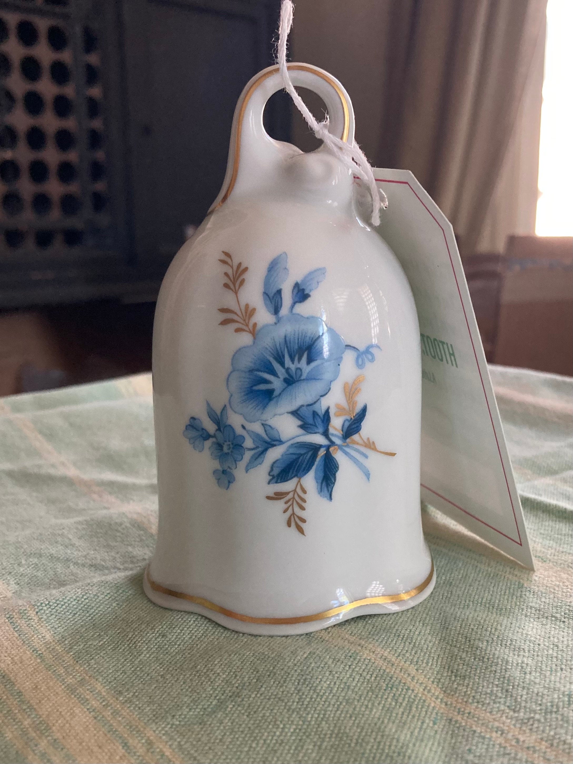 Vintage Porcelain Bell - Blue Flowers on White - gold trim