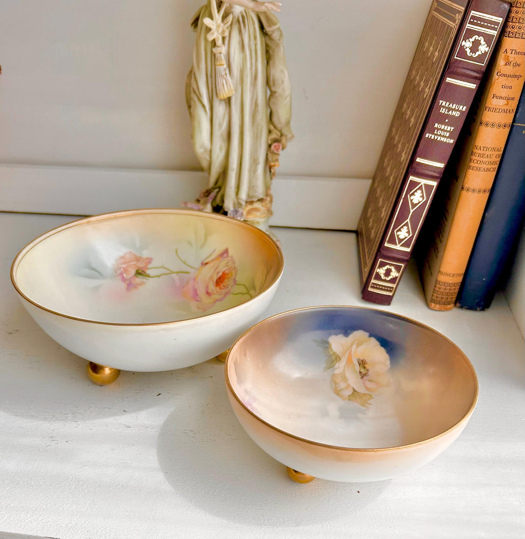 Antique Royal Rudolstadt Prussia Porcelain Bowls: Hand-Painted Rose Floral, Gilt Footed - Set of 2