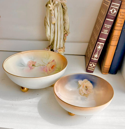 Antique Royal Rudolstadt Prussia Porcelain Bowls: Hand-Painted Rose Floral, Gilt Footed - Set of 2
