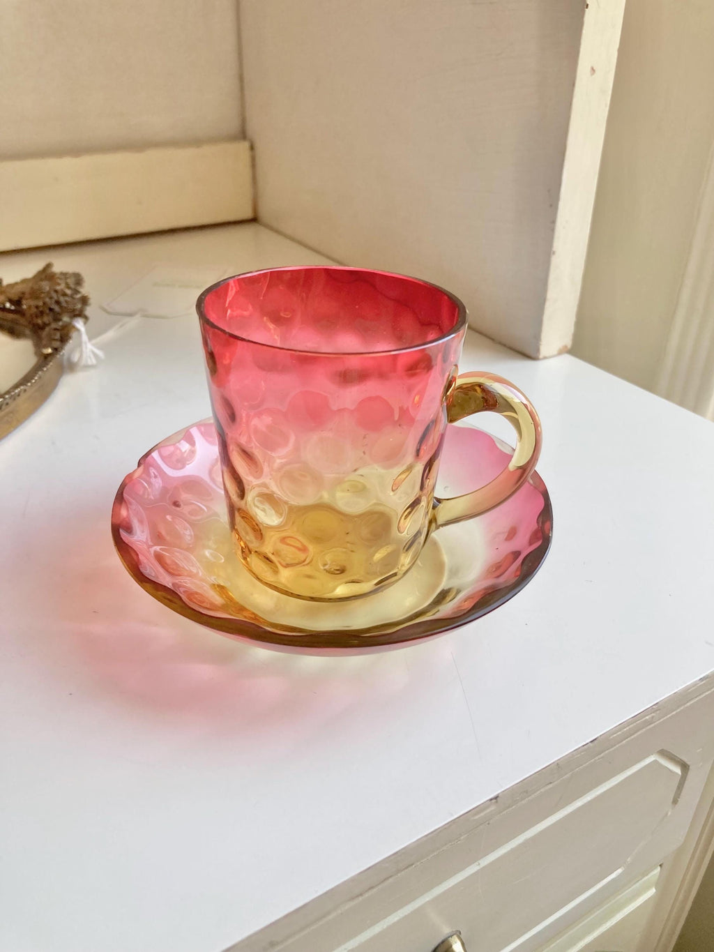 Antique Amberina Glass: Victorian Reverse Thumbprint Shot Glass or Teacup