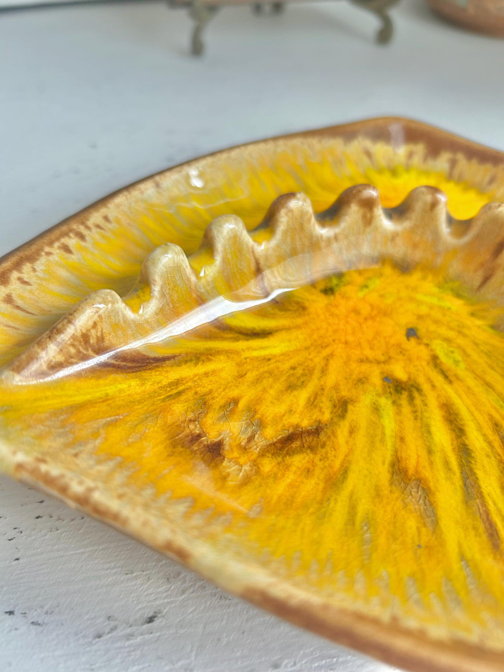 Vintage MCM Leaf Ashtray: Drip Glaze California Pottery