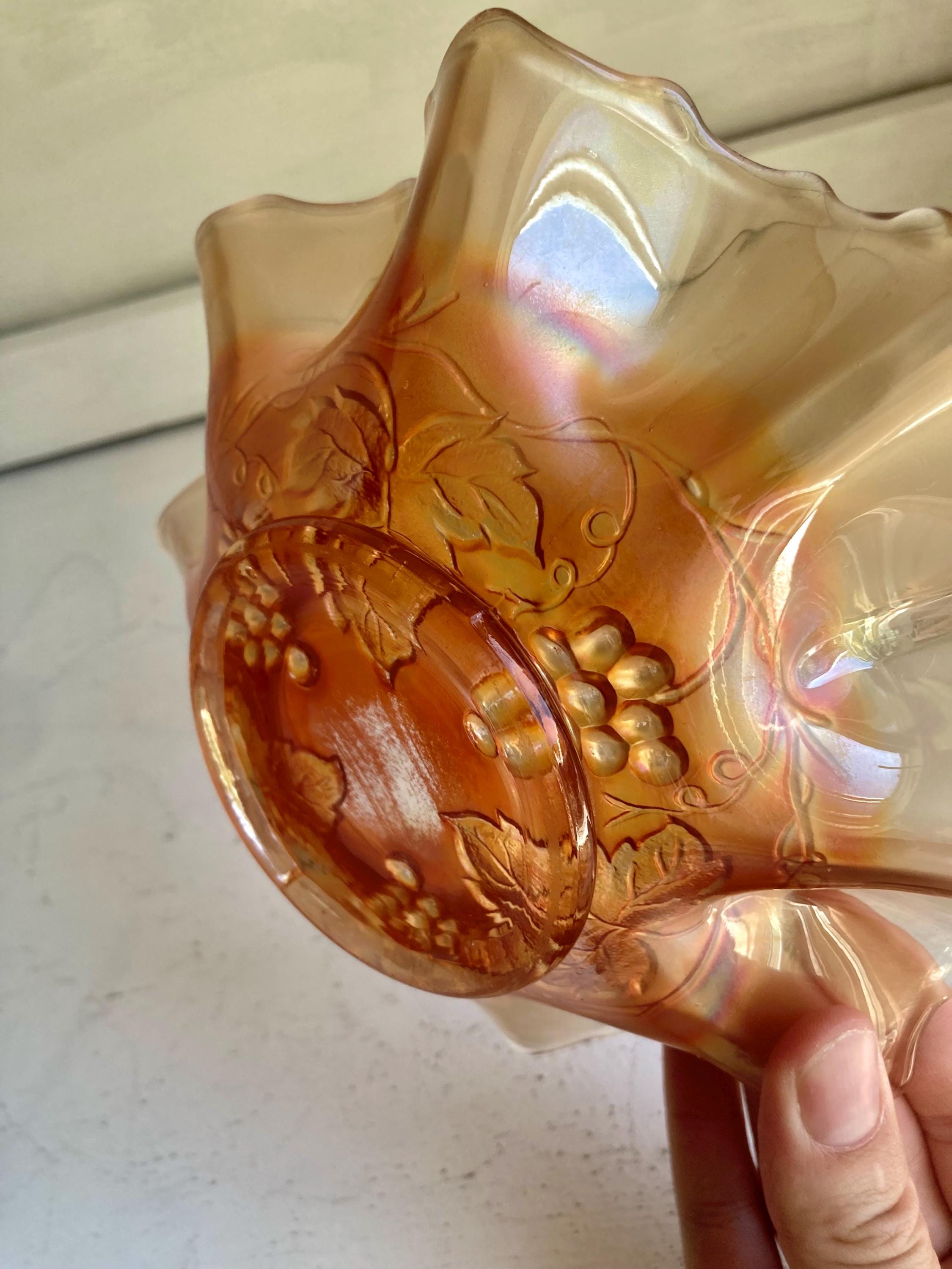 Vintage Dugan Golden Grape Marigold Carnival Glass Ruffled Bowl 7 1/4" diameter
