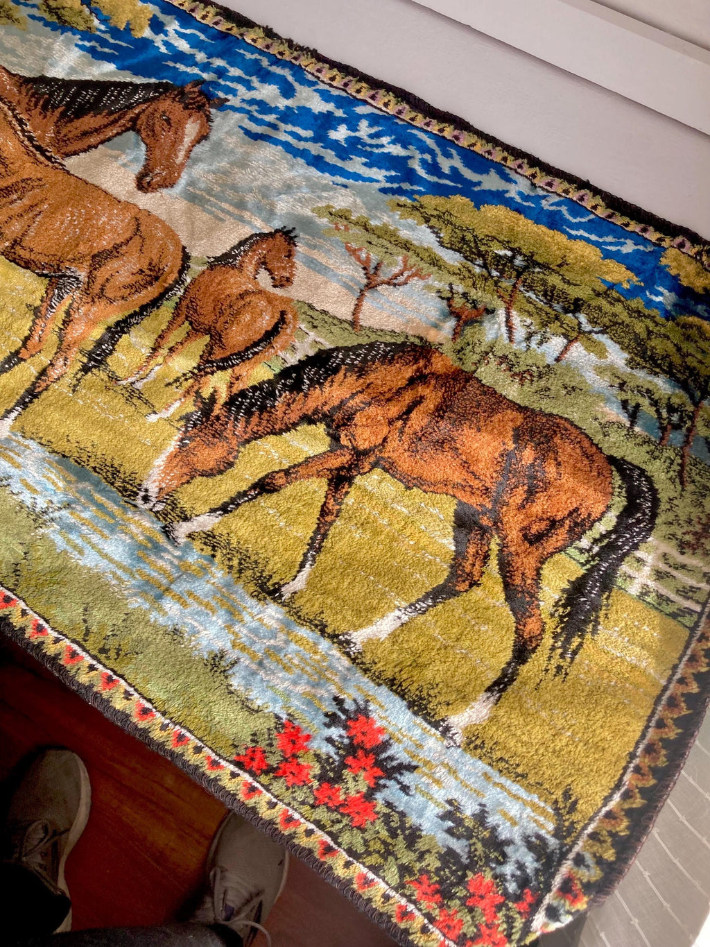 Vintage Italian Horse Tapestry: Kitsch Western Wall Hanging