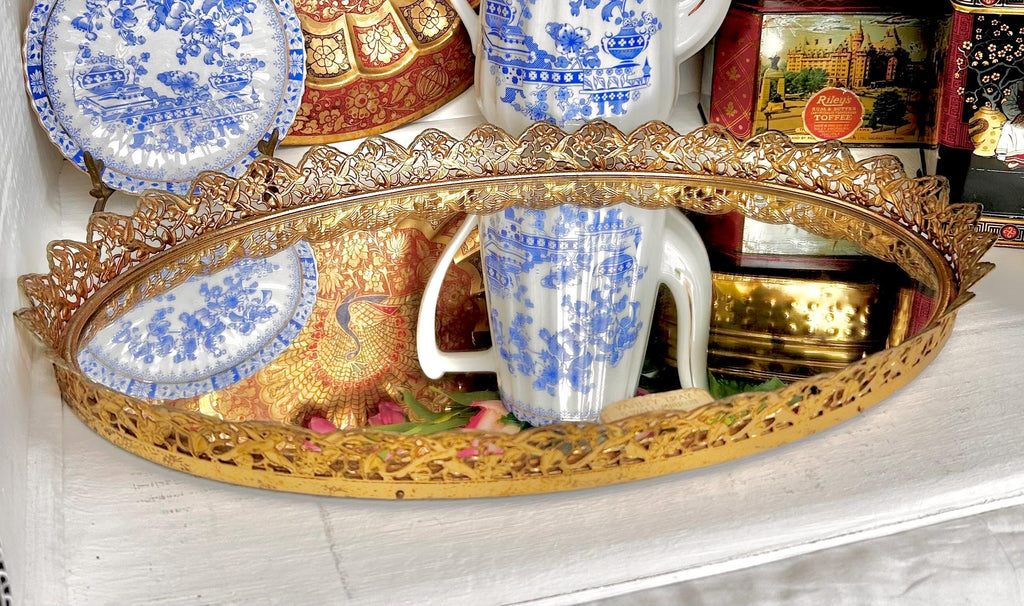 Vintage Gilt Oval Mirror Tray: Gold Floral Bird Frame
