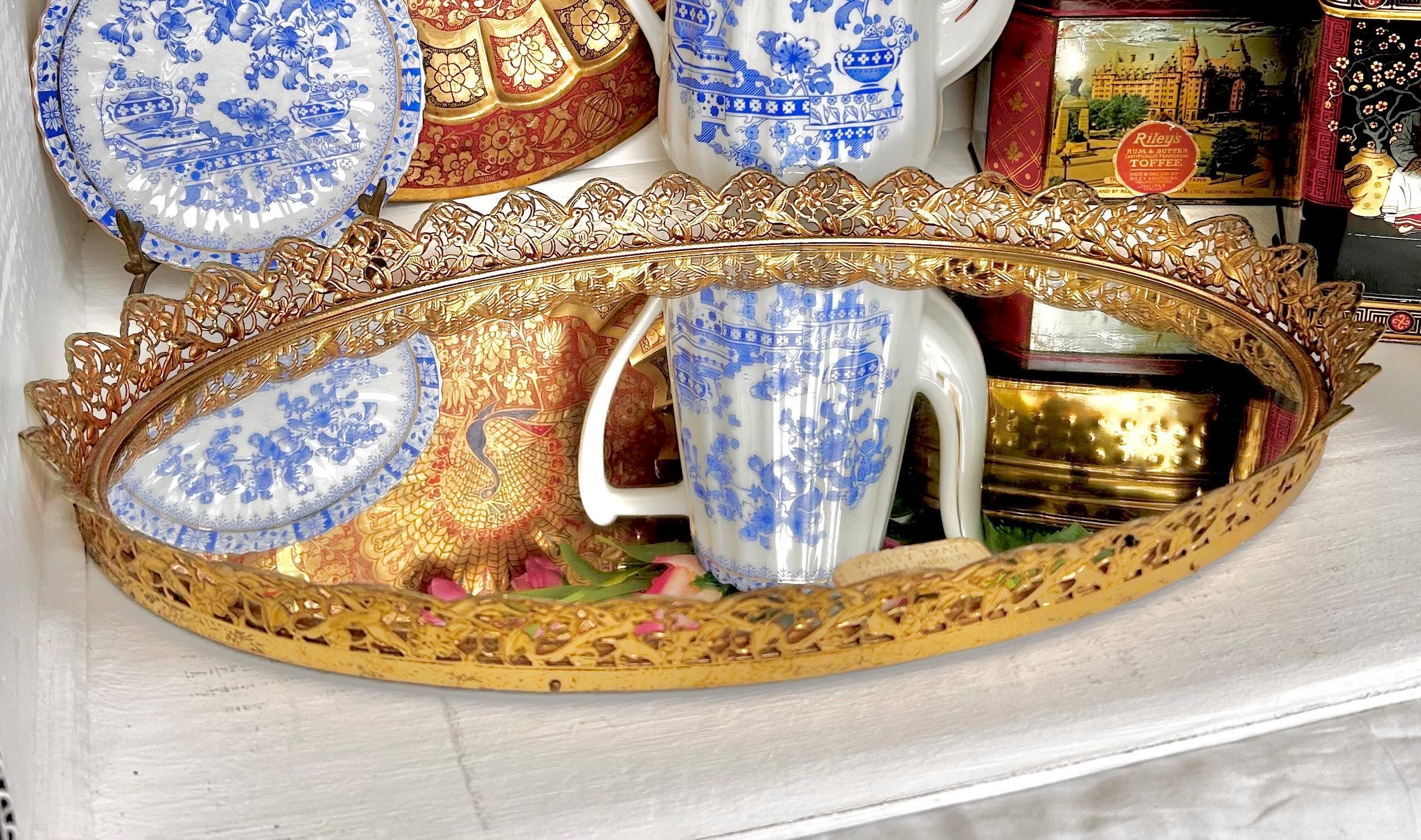 Vintage Gilt Oval Mirror Tray: Gold Floral Bird Frame