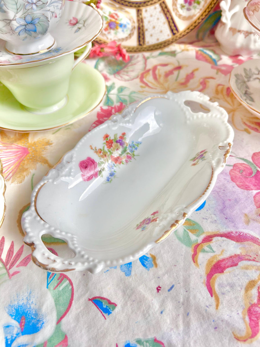 Vintage Floral Porcelain Dish: Germany Gold Trim Small Bowl