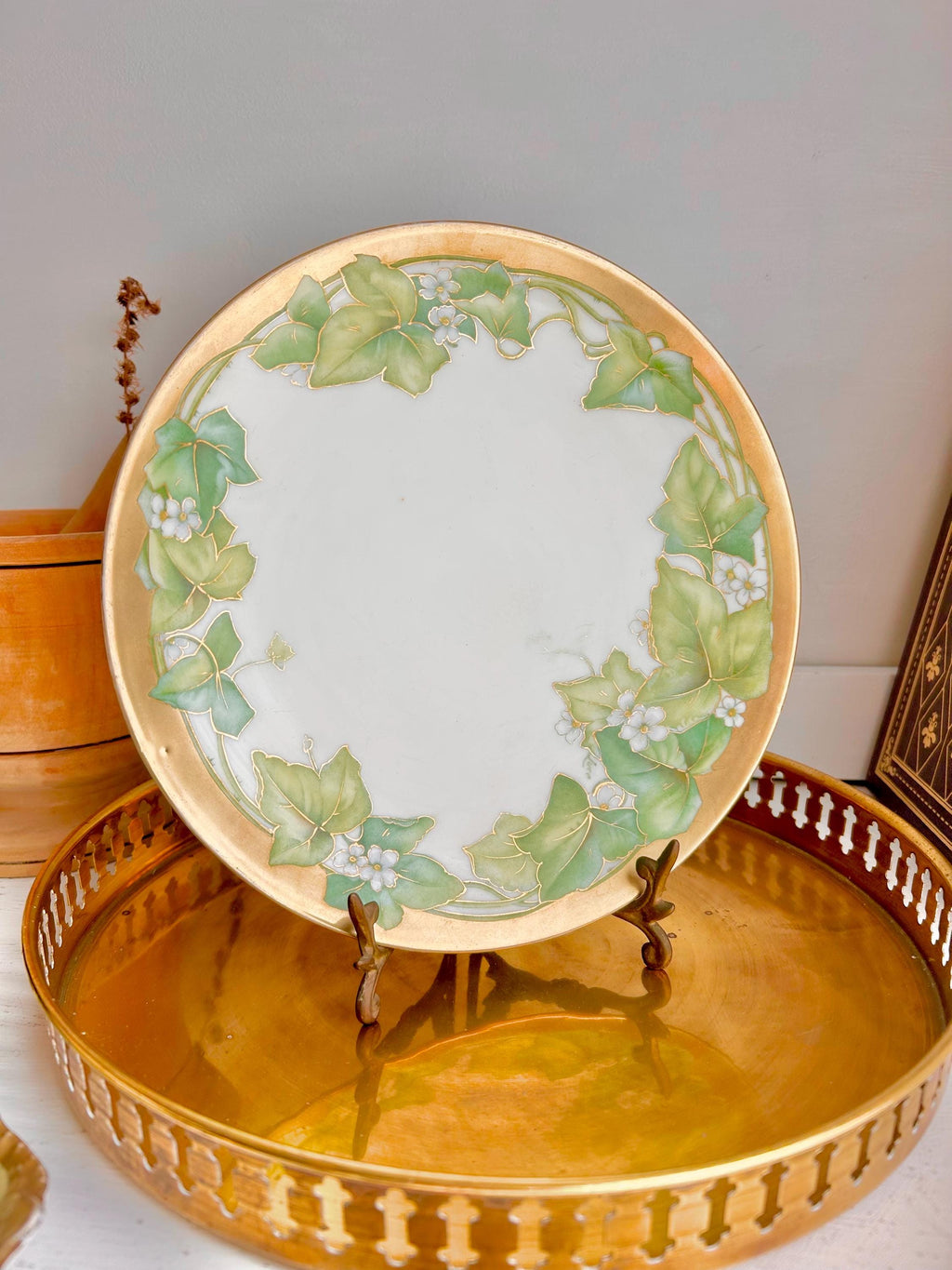 Vintage P.T. Bavaria Porcelain Plate: Hand Painted Ivy & Gold Trim (8.5")