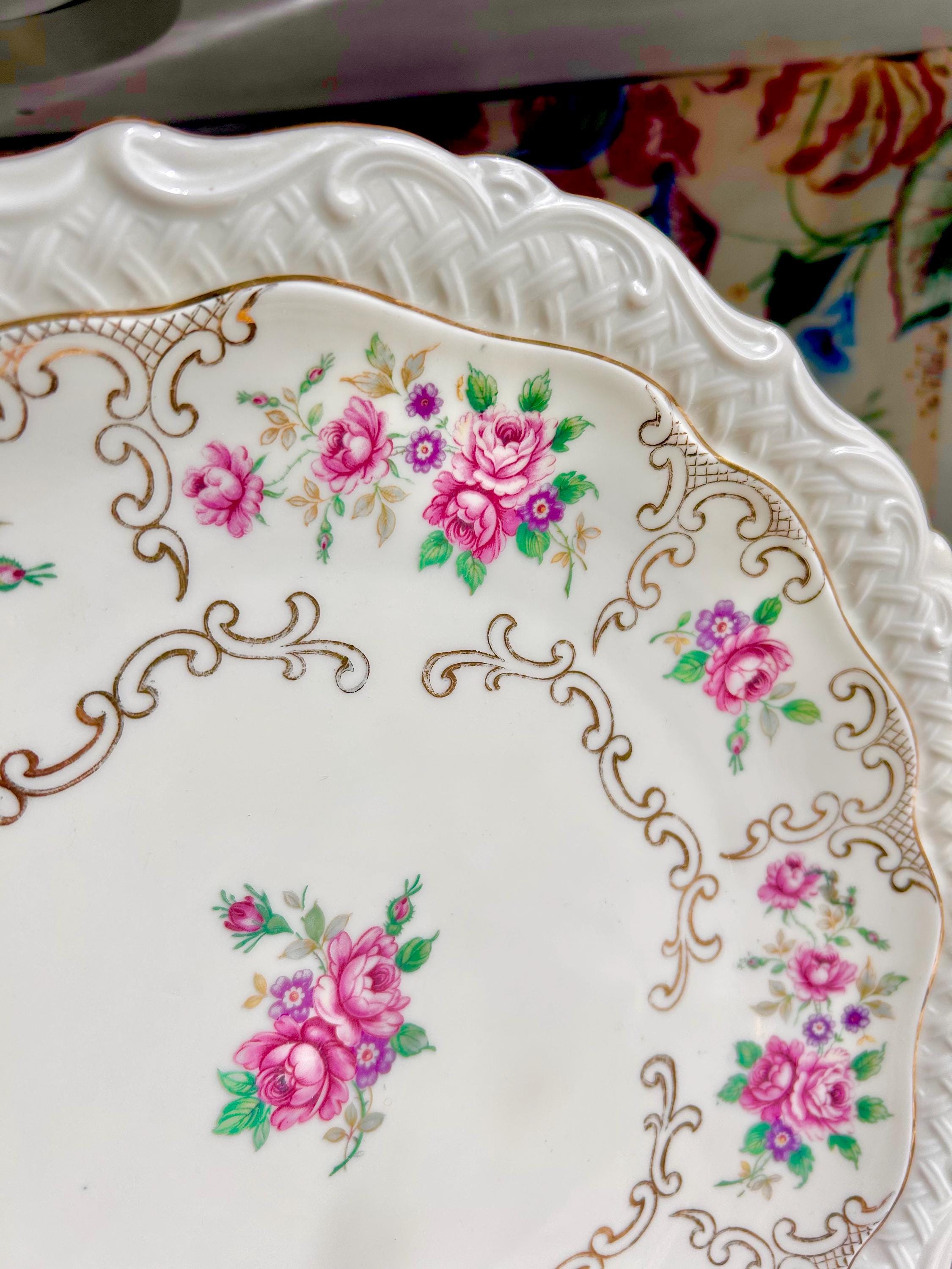 Vintage Bavaria Porcelain Platter: 12" Floral Basketweave Gold Trim