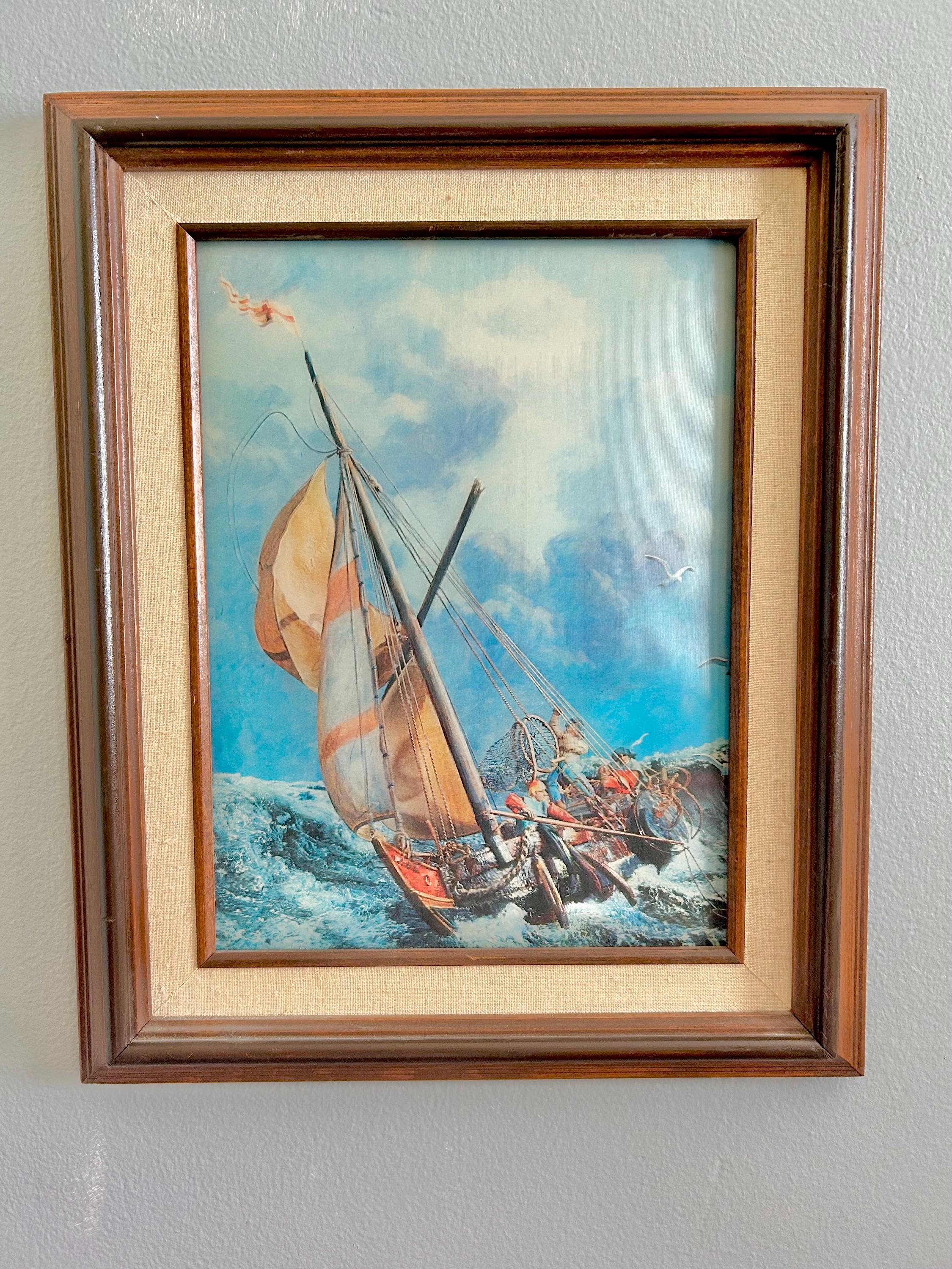 Vintage Lenticular Sailboat Art: Kitsch 3D Hologram, Wooden Frame