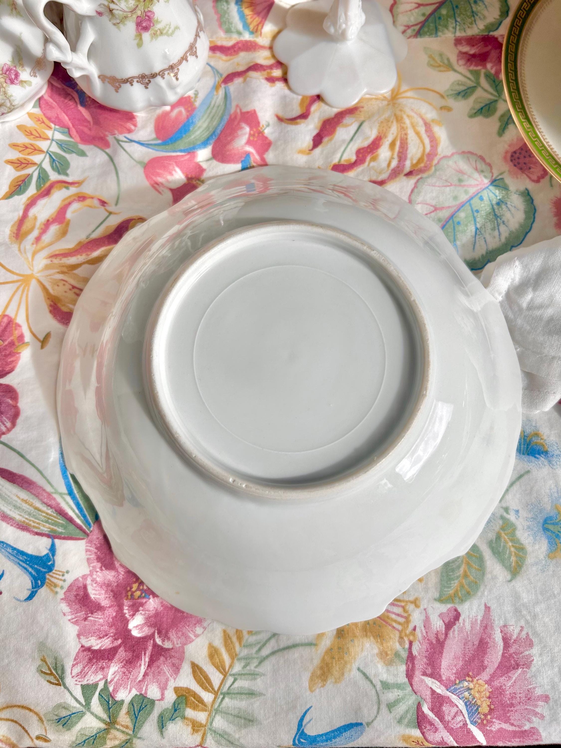 Vintage Porcelain Serving Bowl: Teal Rim, Rose Garland, Scalloped Edge (10-inch)